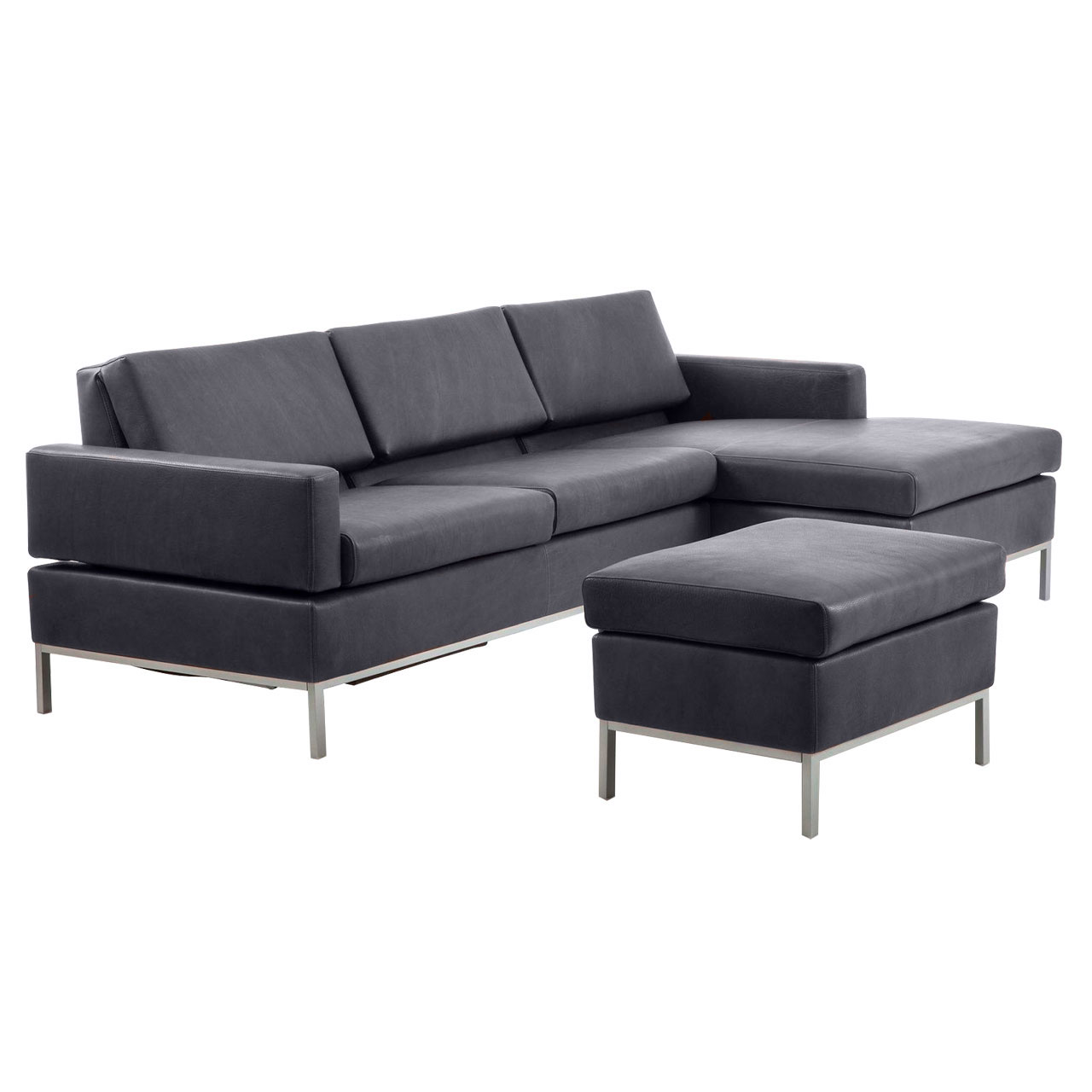 brühl tomo - Eckgruppe Schwarze Ledergarnitur mit Longchair rechts und Anstellsofa links.