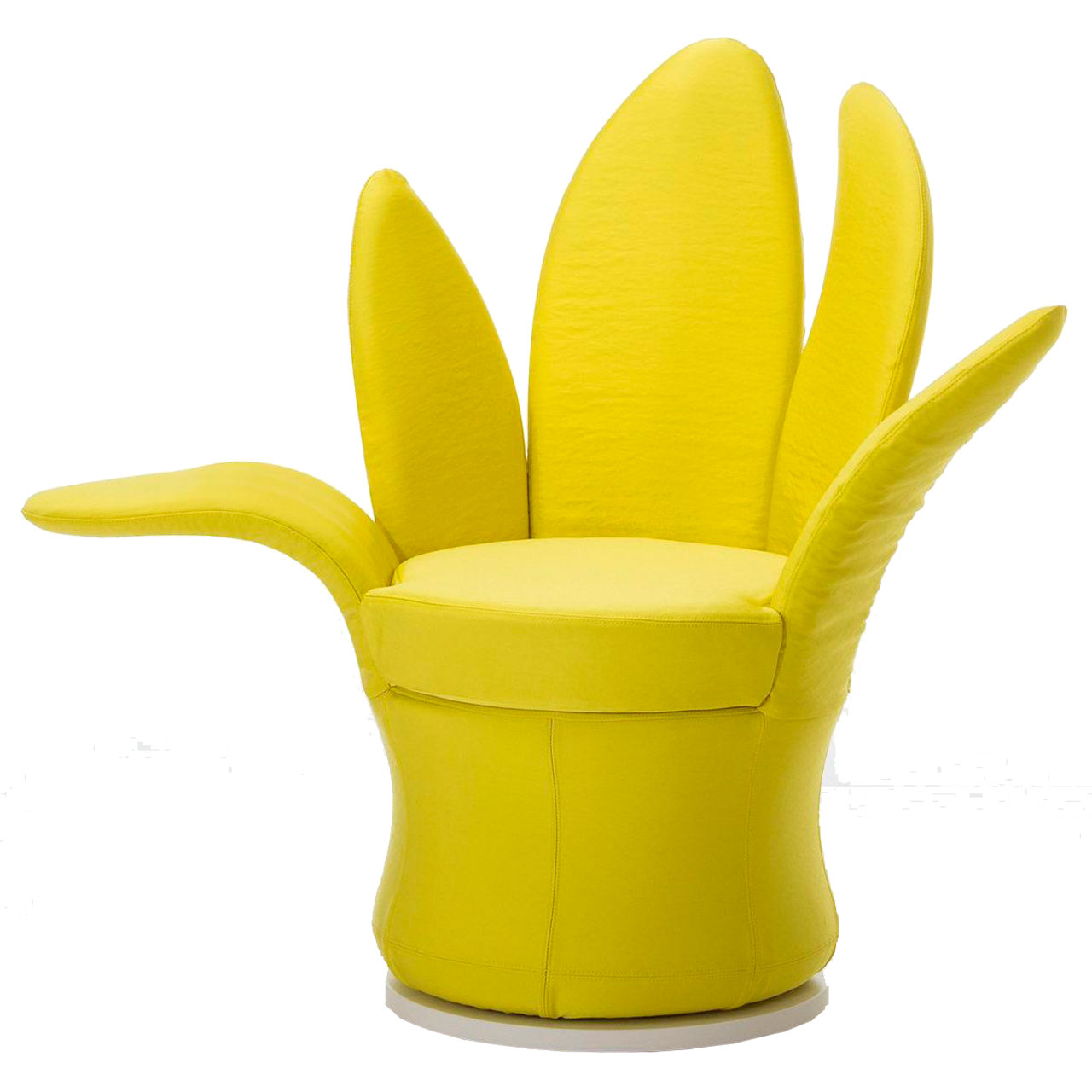 brühl lemon-blossom Sessel 63403 Ein Sessel in gelbem Stoff mit Drehteller als Basis. Der Sessel hat einen runden Sitz. Die Arm- und Rückenlehnen bestehen aus fünf blattartige Elementen, so dass sie an Blütenblätter erinnern.