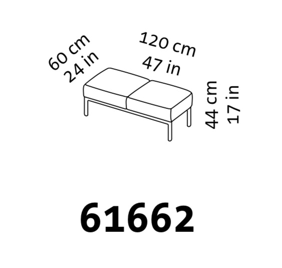 Maßzeichnung brühl add1 Bank 2-Sitzer 61662 Maßzeichnung einer Sitzbank der Serie add1 ohne Rückenlehne mit zwei Sitzplätzen.