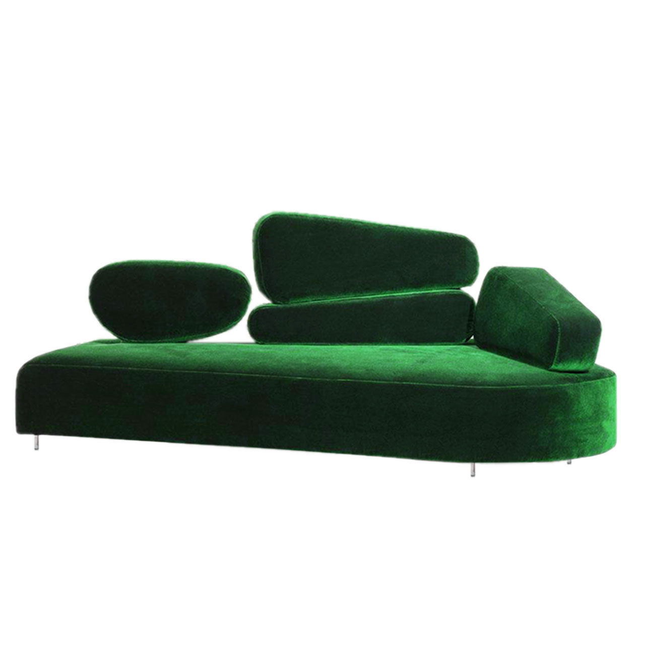 brühl mosspink - Sofa rechts 56391 Grünes asymmetrisches Sofa. Der Rücken besteht aus vier einzelnen, ebenfalls asymmetrischen Elementen: In der Mitte zwei Elemente übereinander, rechts und links jeweils ein Element.