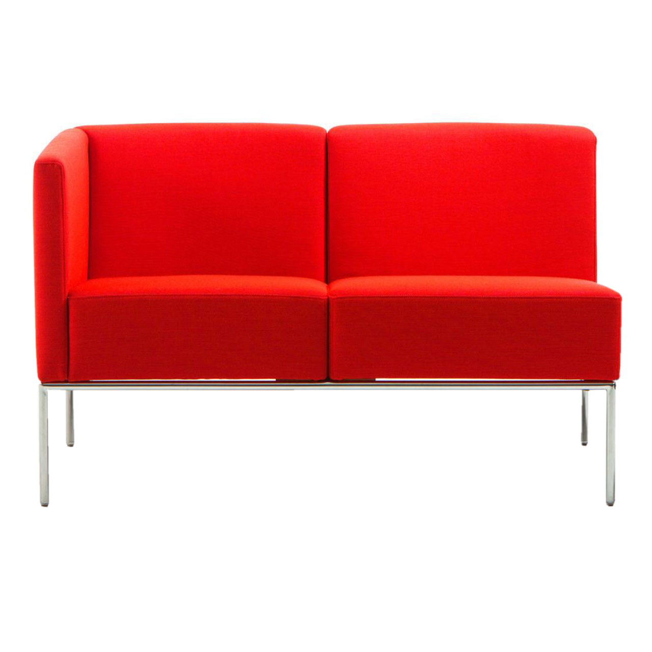 brühl add1 Sofa Ein Sofa der Serie add1 mit 2 Sitzen und einer Armlehne links in der Stofffarbe rot. Das Untergestell ist mattchrom lackiert.