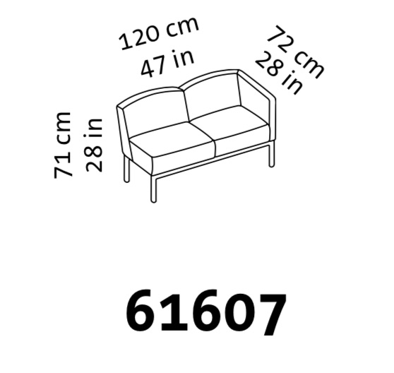 Maßzeichnung brühl add1 Sofa 2-Sitzer 61607 Maßzeichnung eines zweisitzigen Sofas mit einer Armlehne rechts.