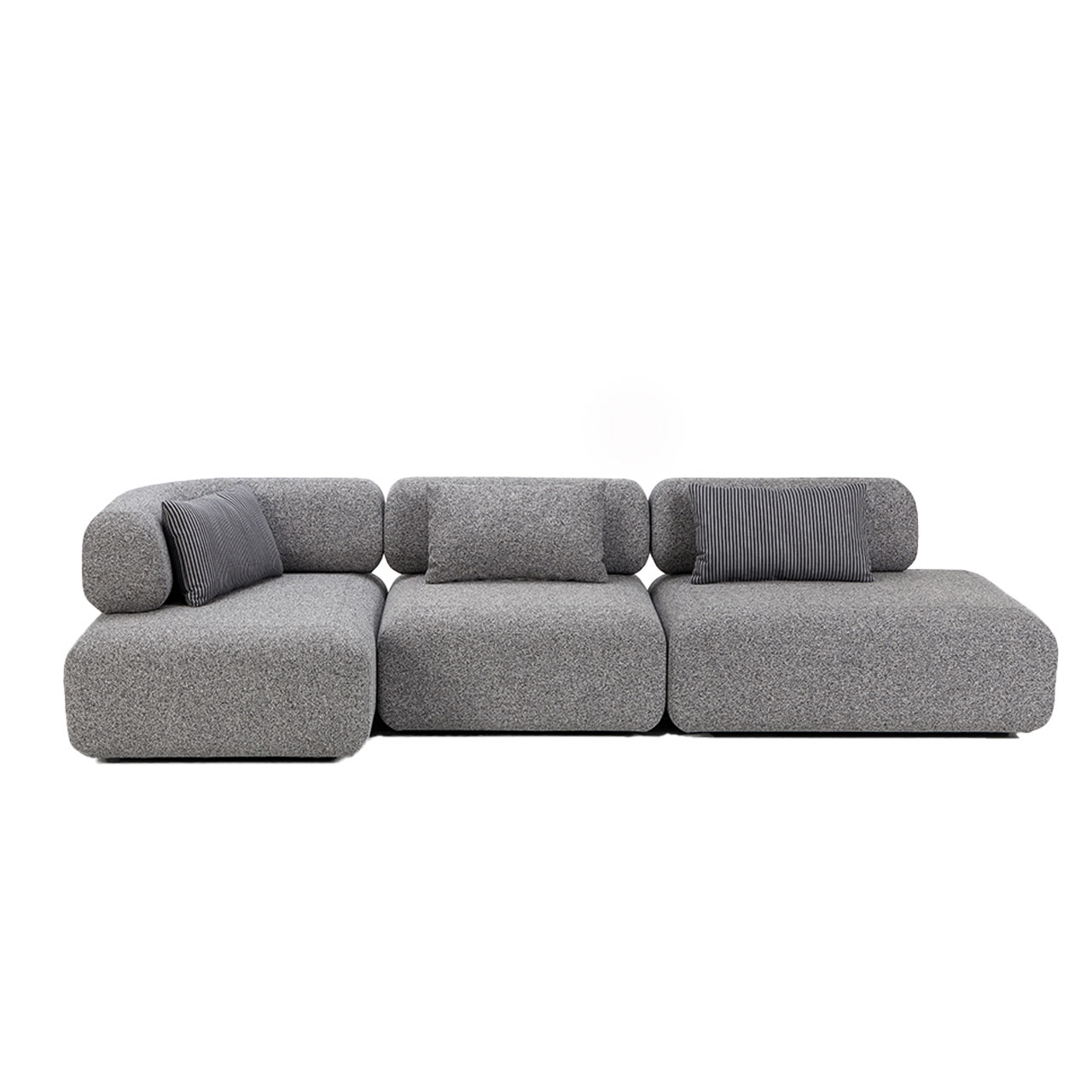 Garnitur all together 73652-73601-73617 Graue Polstergarnitur. Das linke Abschlusselement ist tiefer als das Zwischenelement und das rechte Anstellelement.