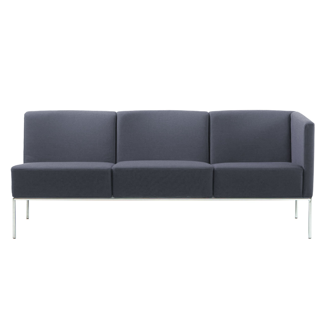 brühl add1 Sofa Ein Sofa der Serie add1 mit 3 Sitzen und einer Armlehne rechts in der Stofffarbe dunkelgrau. Das Untergestell ist mattchrom lackiert.