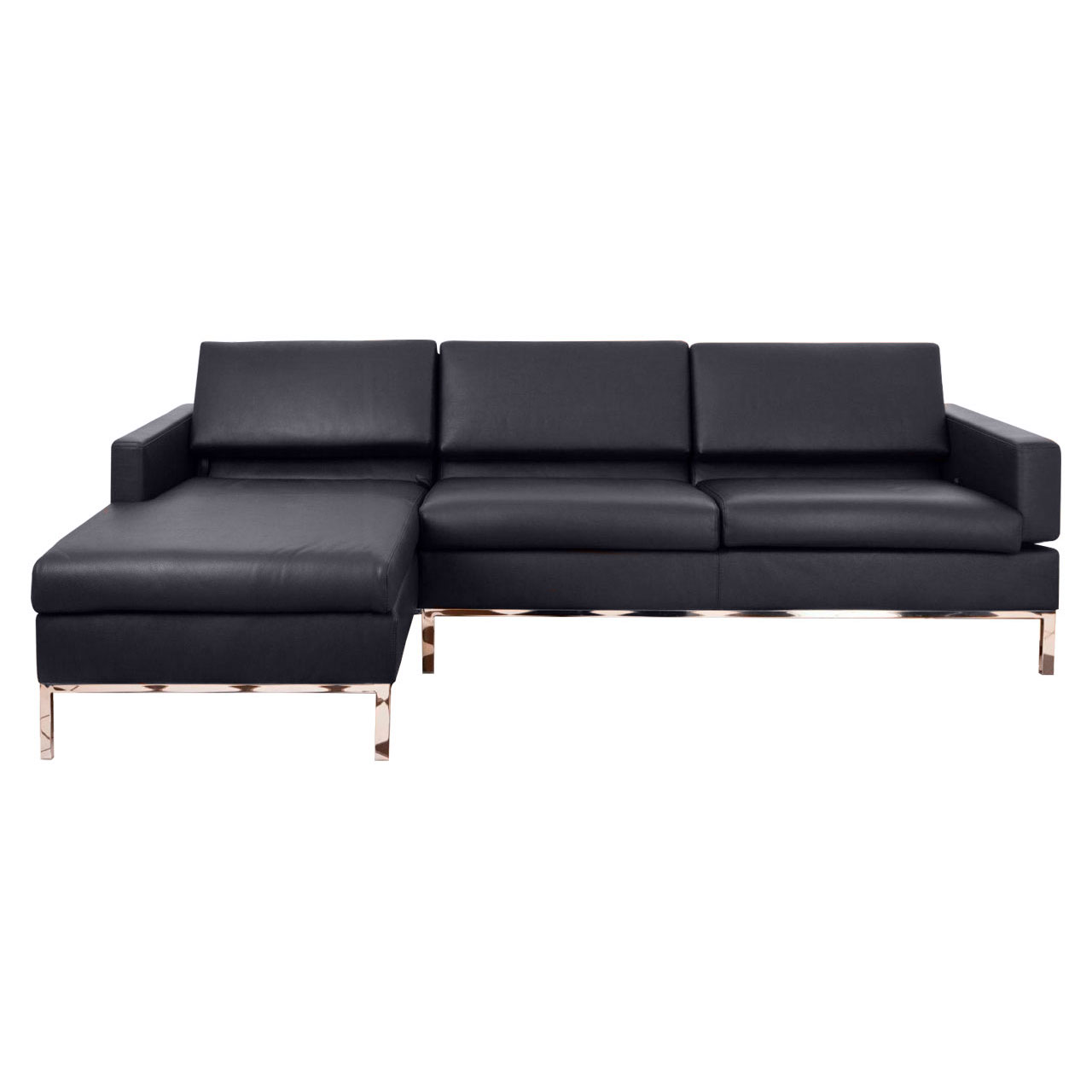 brühl tomo - Eckgruppe Schwarze Ledergarnitur mit Longchair links und Anstellsofa rechts.