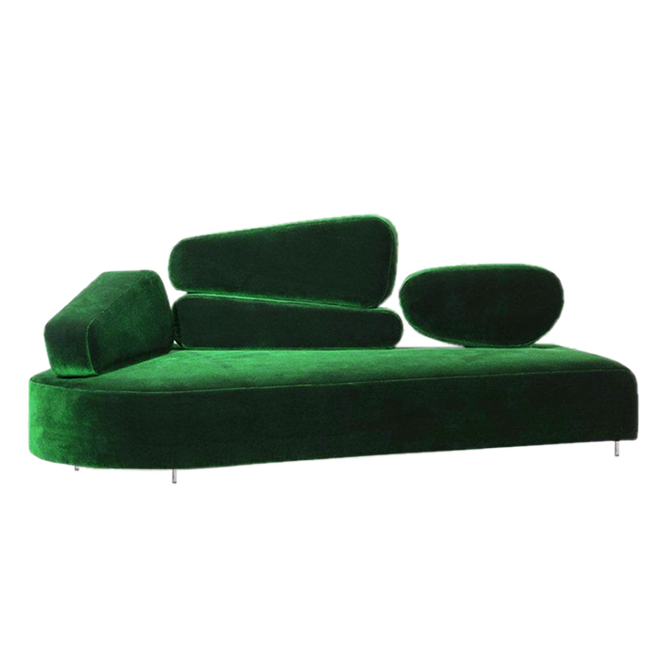 brühl mosspink - Sofa 56390 Grünes asymmetrisches Sofa. Der Rücken besteht aus vier einzelnen, ebenfalls asymmetrischen Elementen: In der Mitte zwei Elemente übereinander, rechts und links jeweils ein Element.