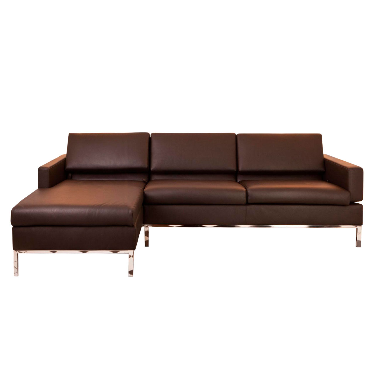 brühl tomo - Eckgruppe Dunkelbraune Ledergarnitur mit Longchair links und Anstellsofa rechts.