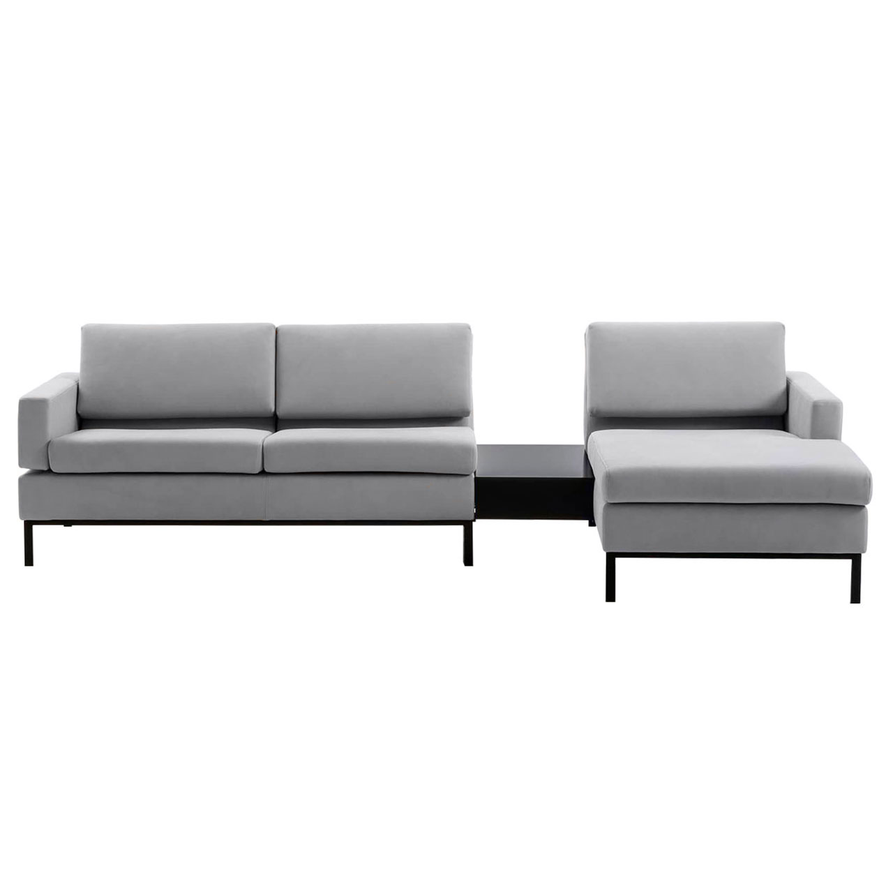 brühl tomo - Eckgruppe Garnitur in grauem Leder mit Longchair rechts und einem Einhängetisch zwischen Longchair und Anstellsofa.