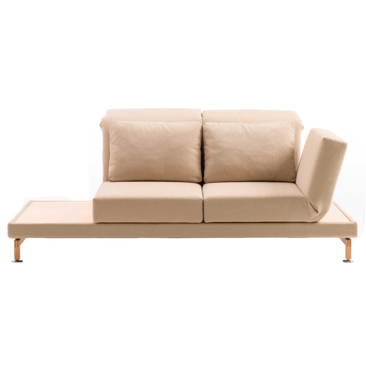 brühl moule small - Anstellsofa 73229 2-Sitzer Anstellsessel mit 2 Sitzen in cremefarbenem Leder mit Armlehne rechts. Neben der Armlehne ist eine Ablagefläche in hellem Holz, auf der rechten Seite ist eine größere Ablagefläche integriert.