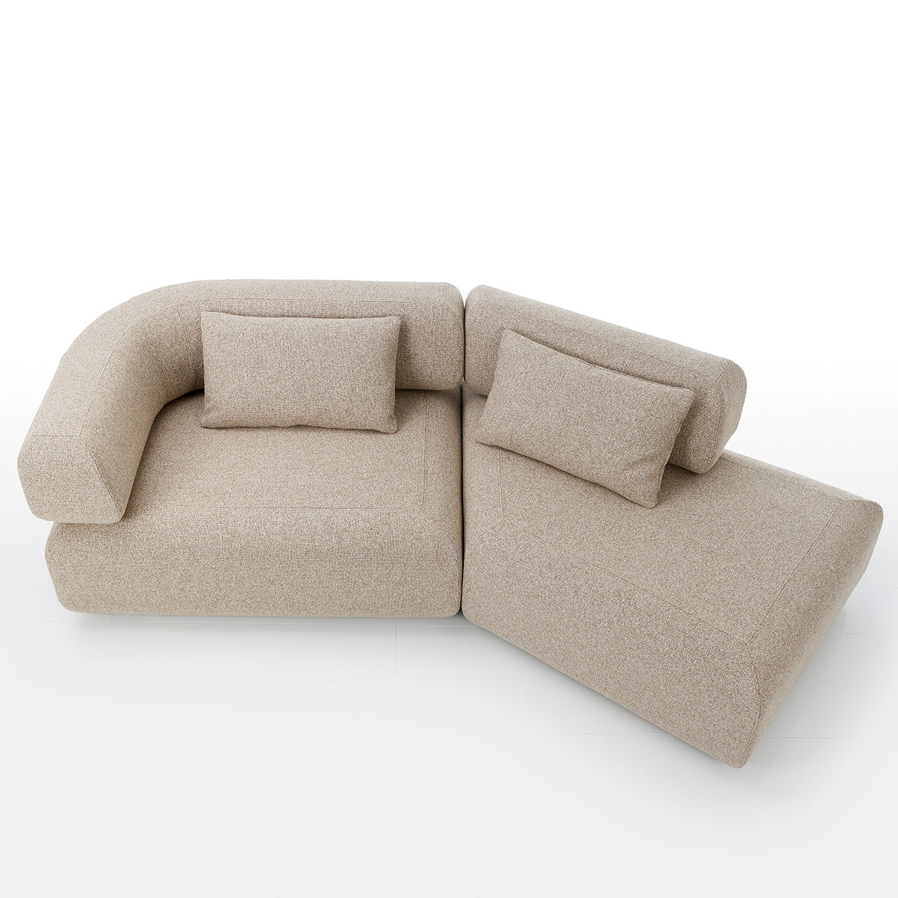 Garnitur all together 73654+73677 Eine beige Garnitur aus einem Eckelement links und einem Trapezelement rechts.