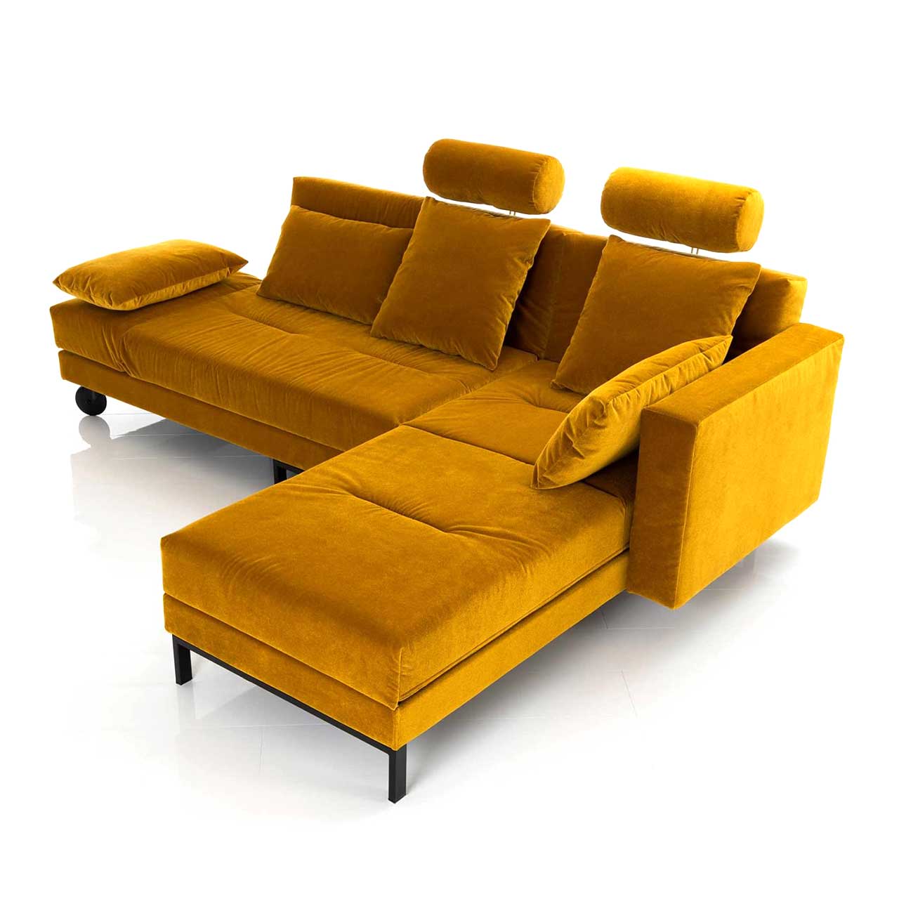 Four-two-68896-4 Eckgarnitur in gelbem Stoff mit schwenkbarem Longchair links.