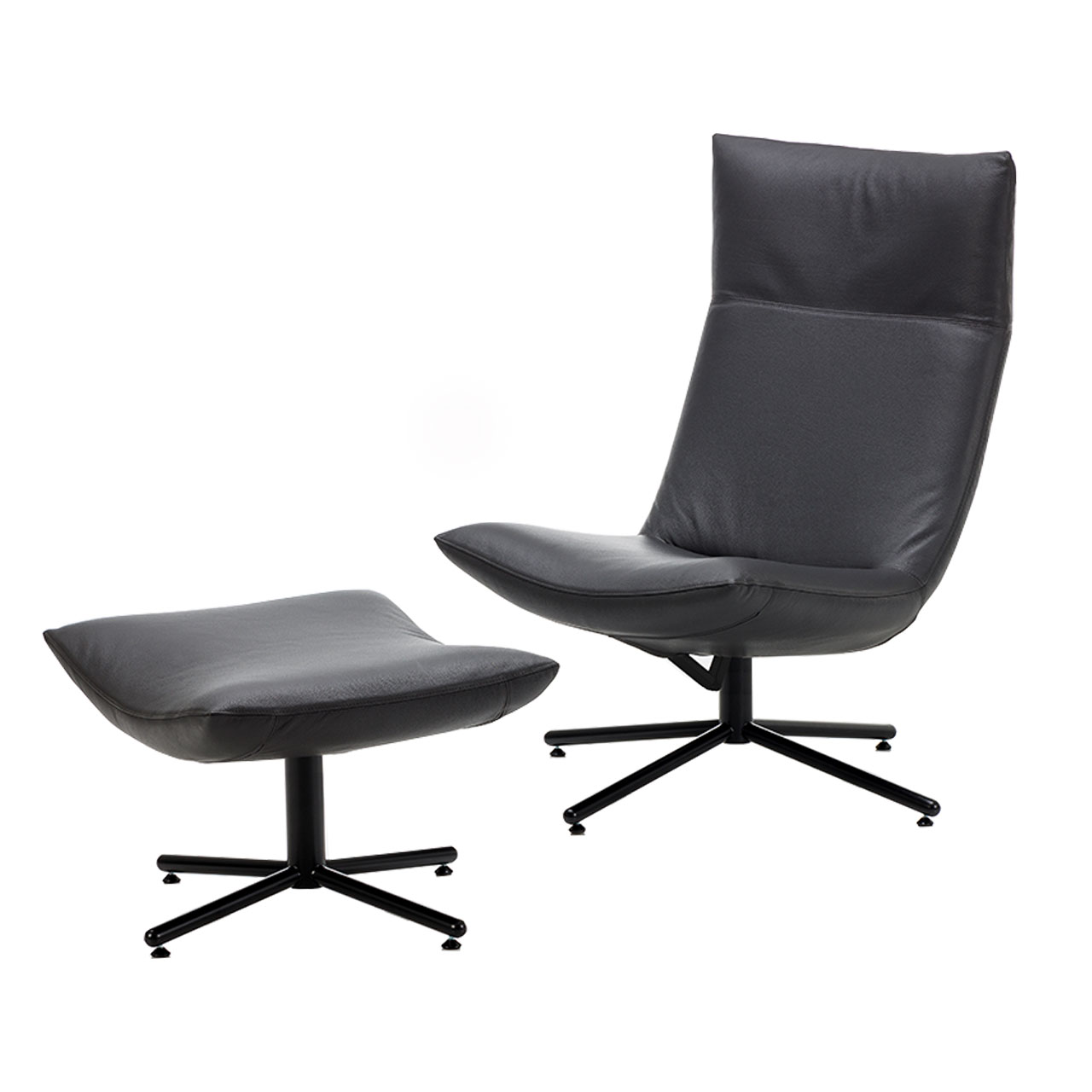 brühl gerard 59605 Ein schwarzer Lederdrehsessel mit schwarzem Kreuzfuß. Der Sessel hat keine Armlehnen. Vor dem Sessel steht ein ebenfalls drehbarer Hocker.
