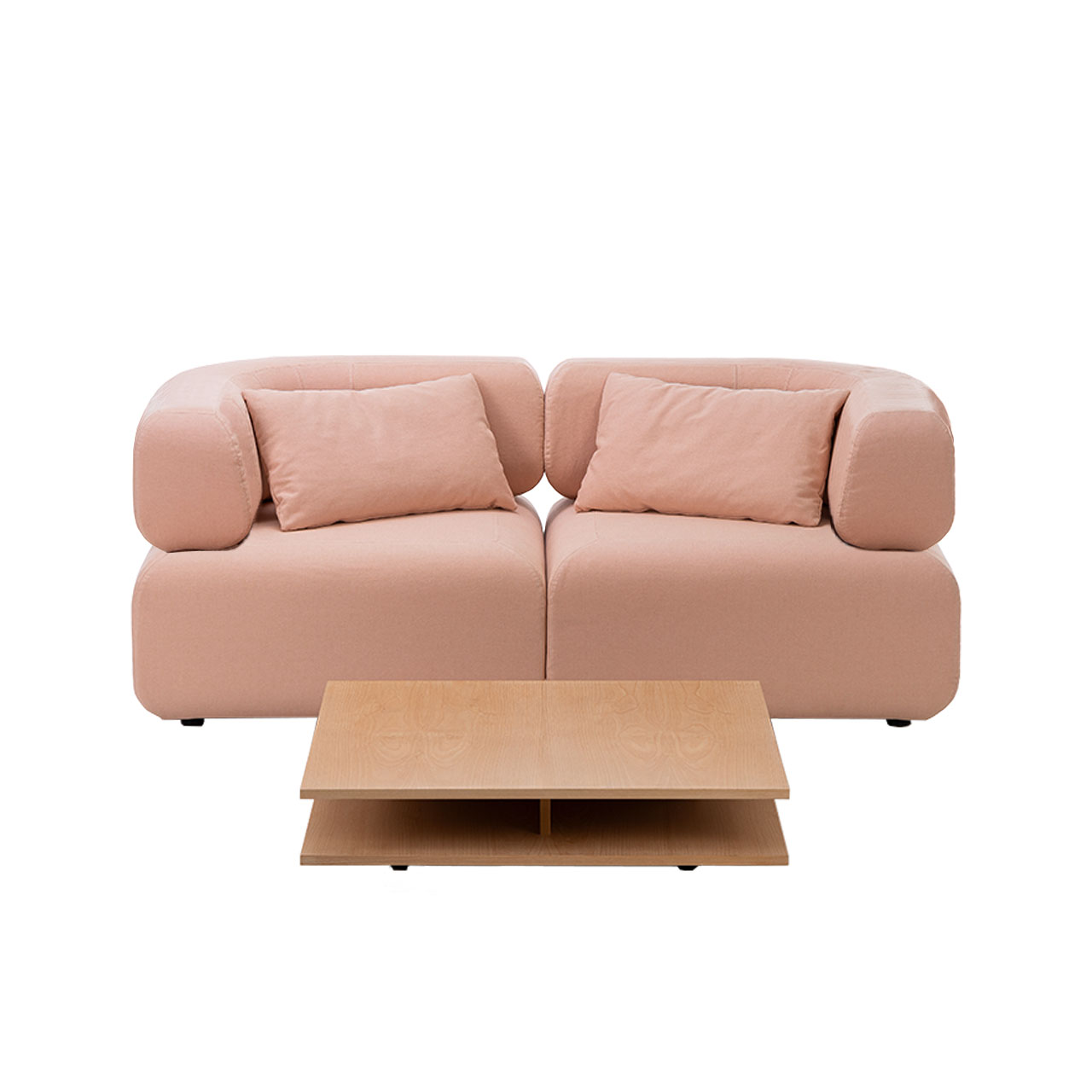 Abschlusselement all together 73640 / 73641 Zwei Abschlusselemente mit je einer Armlehne rechts und links bilden einen Zweisitzer. Davor steht ein passender Tisch in warmem Holz.