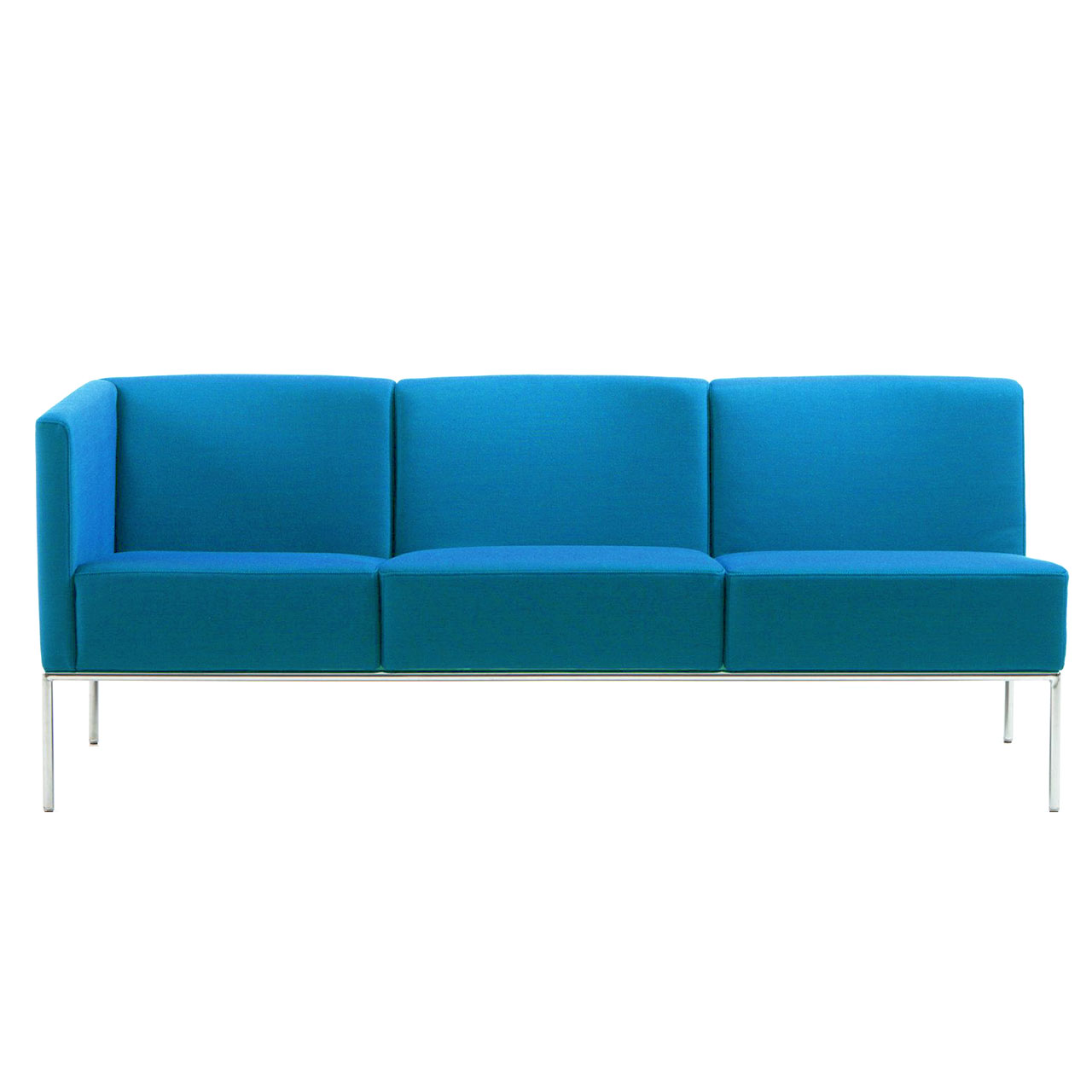 brühl add1 Sofa Ein Sofa der Serie add1 mit 3 Sitzen und einer Armlehne links in der Stofffarbe dunkelblau. Das Untergestell ist mattchrom lackiert.