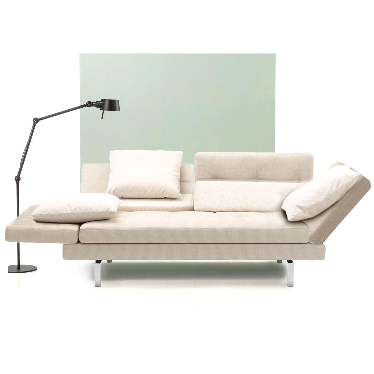 brühl amber Sofa 2-Sitzer Weißes Ledersofa. Die linke Armlehne ist abgesenkt.