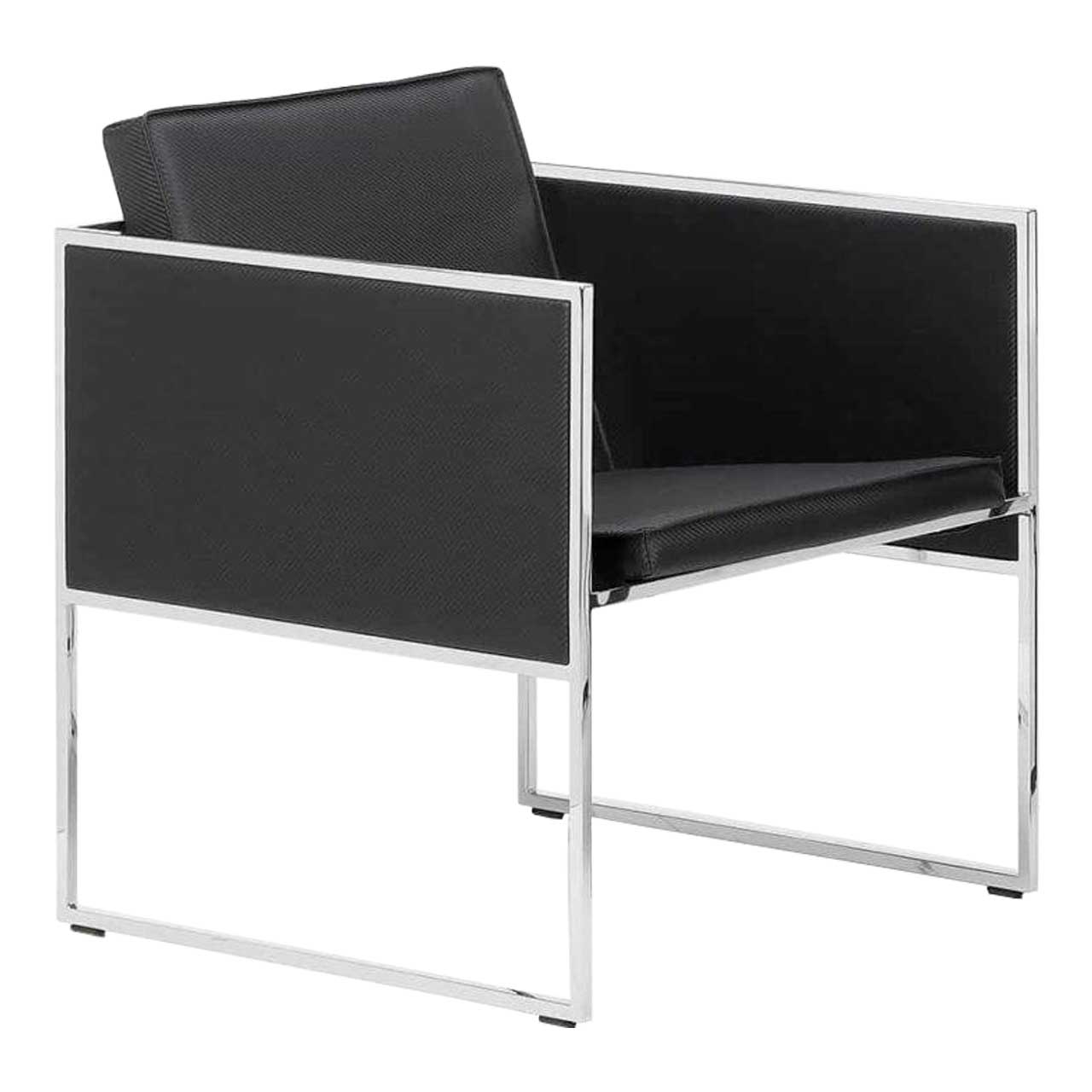 brühl grace metal 68012 Filigraner Sessel mit chrom glänzendem Untergestell und mit schwarzem Leder bezogen. Die Seiten sind geschlossen.