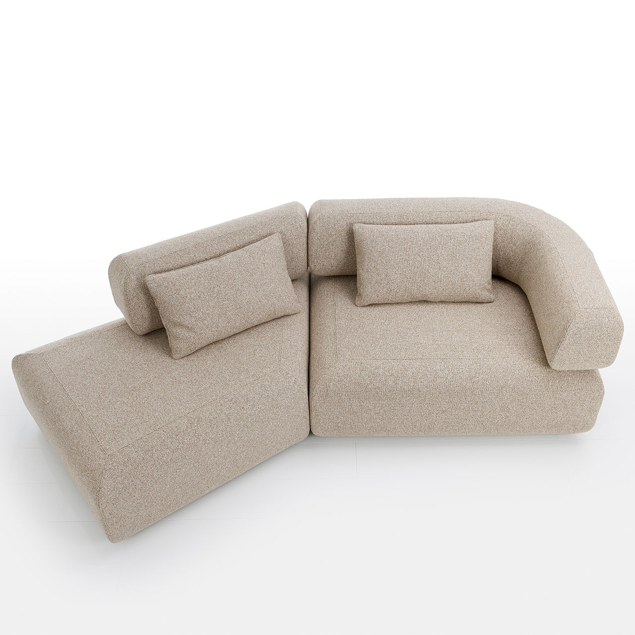 Garnitur all together 73655+73676 Eine beige Garnitur aus einem Eckelement rechts und einem Trapezelement links.