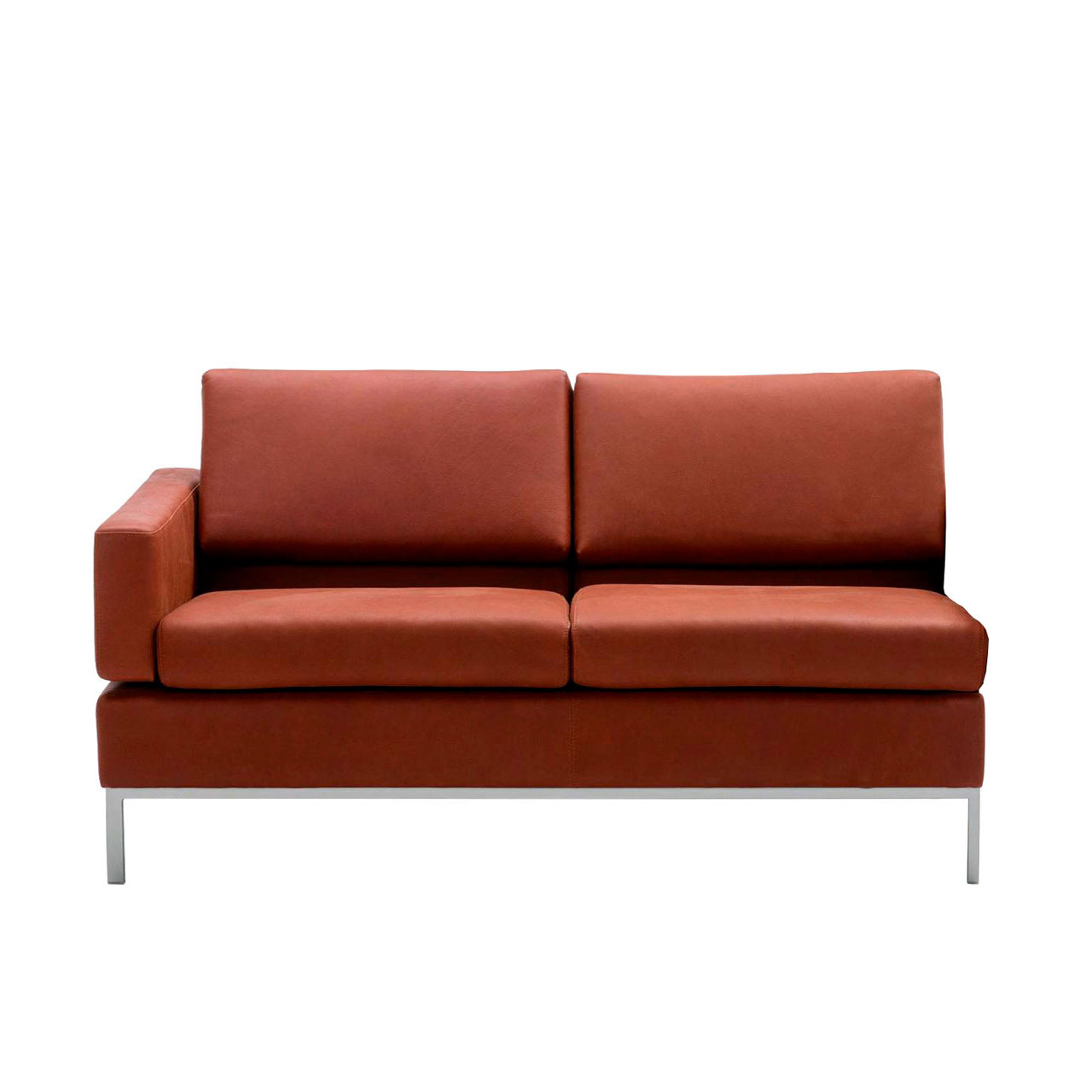 brühl tomo - Anstellsofa 2-Sitzer Rotbraunes Anstellsofa mit zwei Sitzplätzen und Untergestell in chrom glänzend mit Armlehne links.