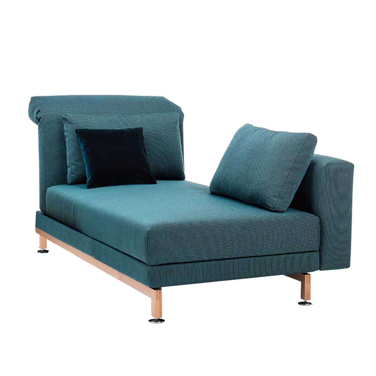 brühl moule medium - Longchair 73131  Longchair mit Kufen in hellem Holz und mit grünem Stoff. Die Armlehne rechts ist zum Fußende vorgeschoben.
