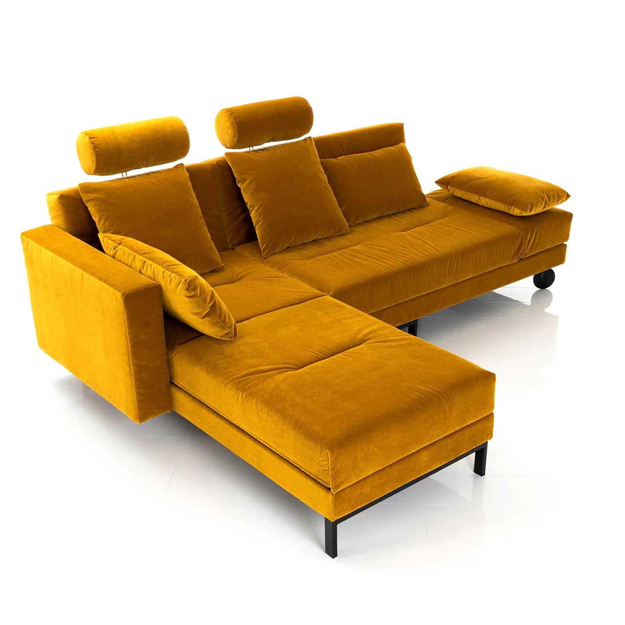 Four-two-68897-1 Eckgarnitur in gelbem Stoff mit schwenkbarem Longchair rechts.