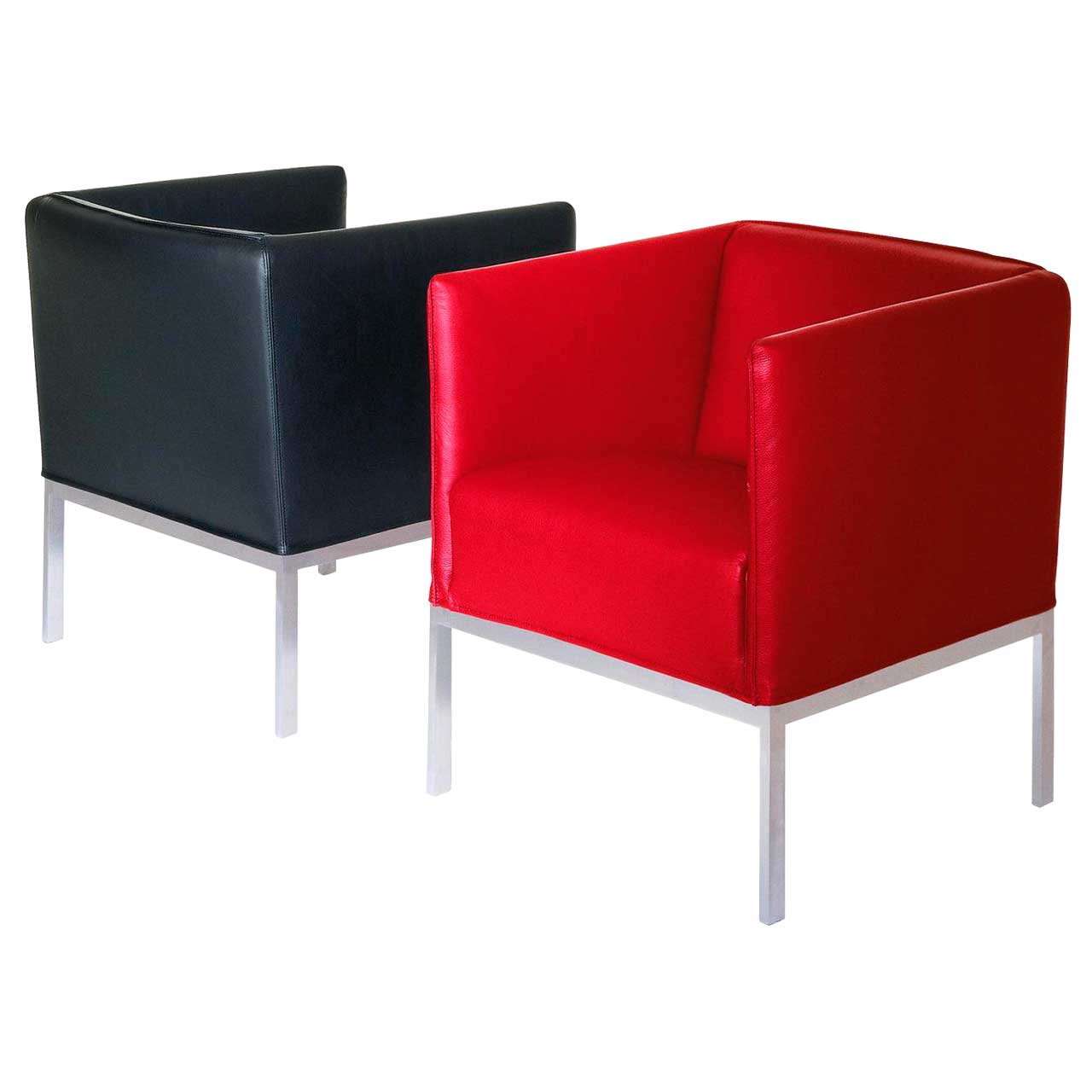 brühl randolph 74301 Zwei Sessel, der hintere in schwarzem Leder, der hintere in rotem Leder.