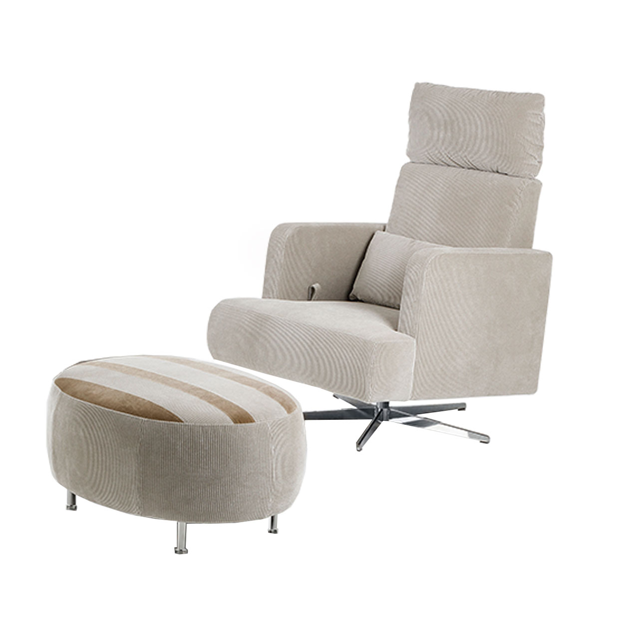 brühl aoyama 75002 Beiger Hochlehnsessel mit Sternfuß. Vor dem Sessel steht ein ovaler Hocker. Die Seiten des Hockers sind im gleichen Beige wie der Sessel. Die Sitzfläche ist gestreift.
