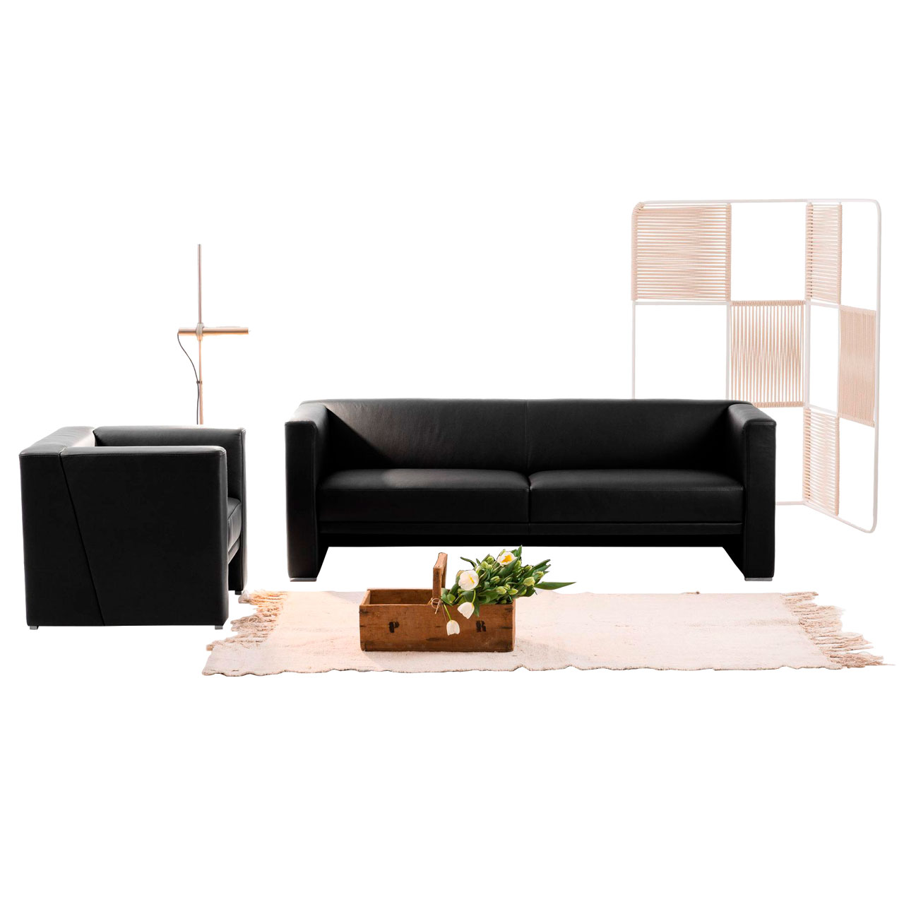 brühl visavis Sofa 21610 Schwarzes Ledersofa. Links daneben steht ein schwarzer Ledersessel.