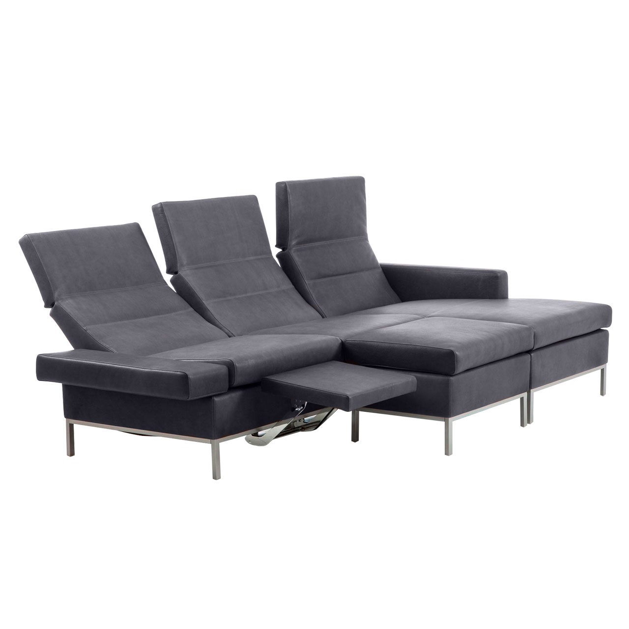 brühl tomo - Eckgruppe Schwarze Ledergarnitur mit Longchair rechts und Anstellsofa links.