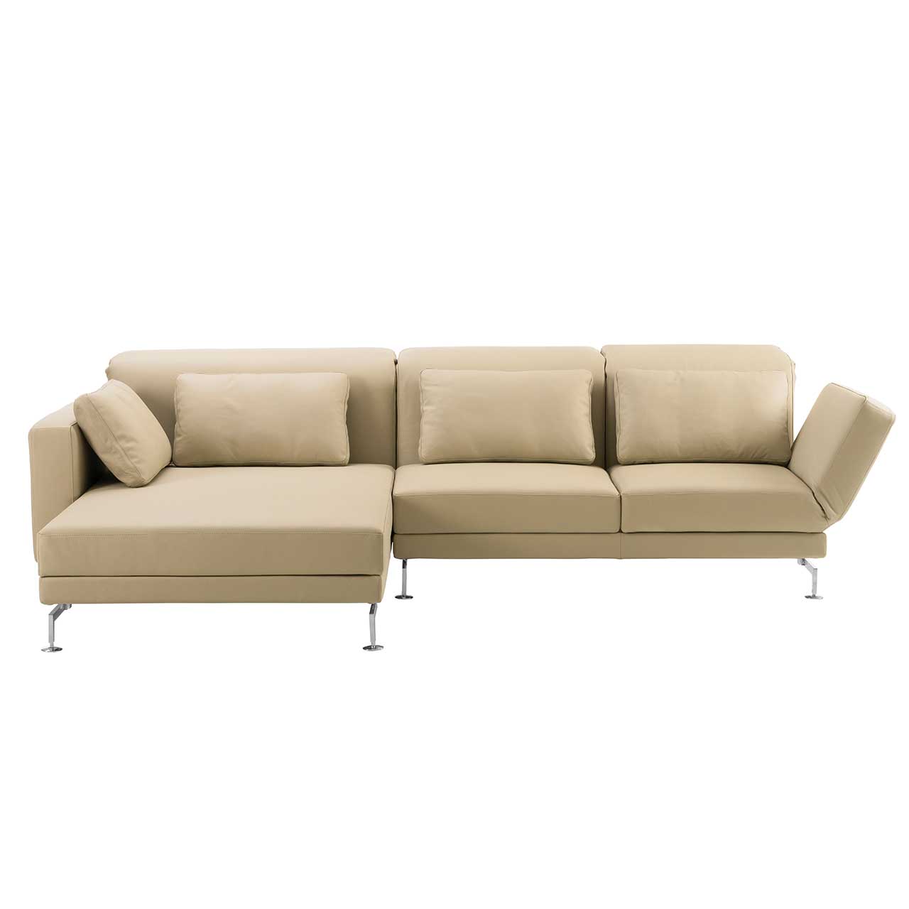 brühl moule-medium - Sitzgruppe 73138 + 73123 Eckgarnitur mit breitem Longchair links und in beigem Leder.