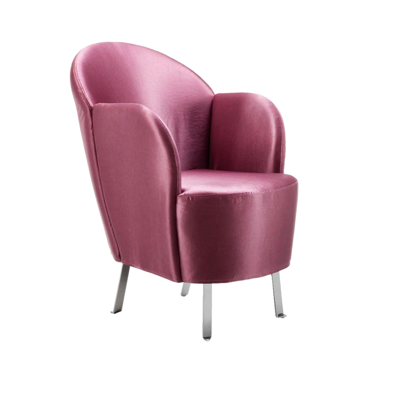 brühl floret Sessel 65801 Ein Sessel mit Füßen aus verchromtem Flachstahl. Der Bezug ist mit einem glänzenden Stoff in dunklem Rose bezogen.