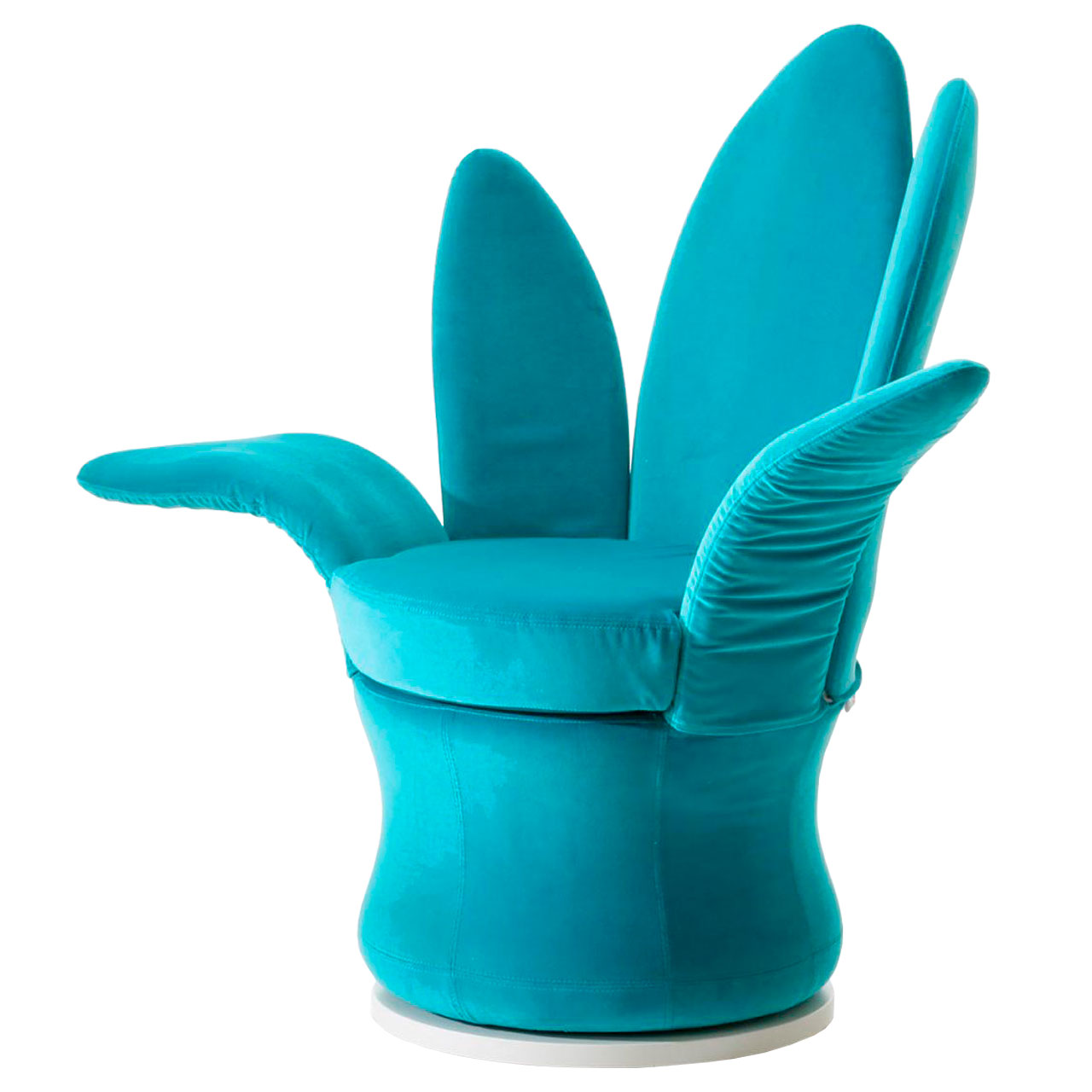 brühl lemon-blossom Sessel 63403 Ein Sessel in türkisenem Stoff mit Drehteller als Basis. Der Sessel hat einen runden Sitz. Die Arm- und Rückenlehnen bestehen aus fünf blattartige Elementen, so dass sie an Blütenblätter erinnern.