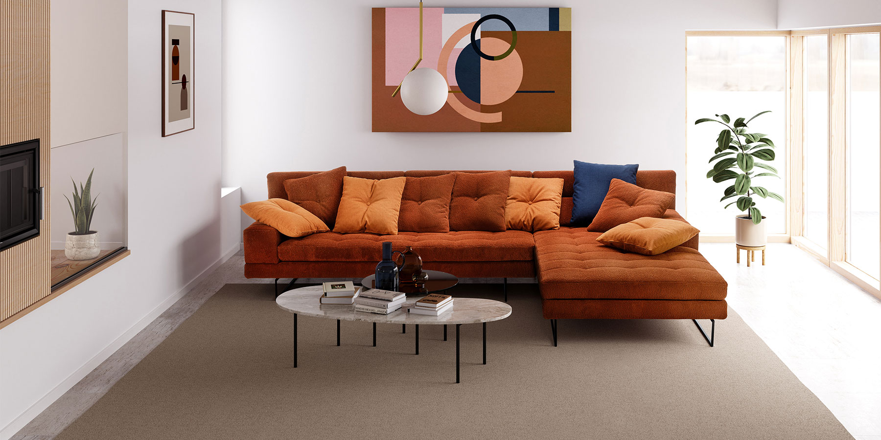 Polstermöbel von brühl amber Eckgarnitur brühl amber aus einem breiten Longchair rechts und einem Anstellsofa links. Dekoriert mit neun Kissen.