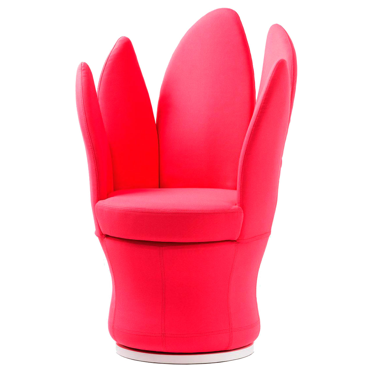 brühl lemon-blossom Sessel 63403 Ein Sessel in rotem Stoff mit Drehteller als Basis. Der Sessel hat einen runden Sitz. Die Arm- und Rückenlehnen bestehen aus fünf blattartige Elementen, so dass sie an Blütenblätter erinnern.