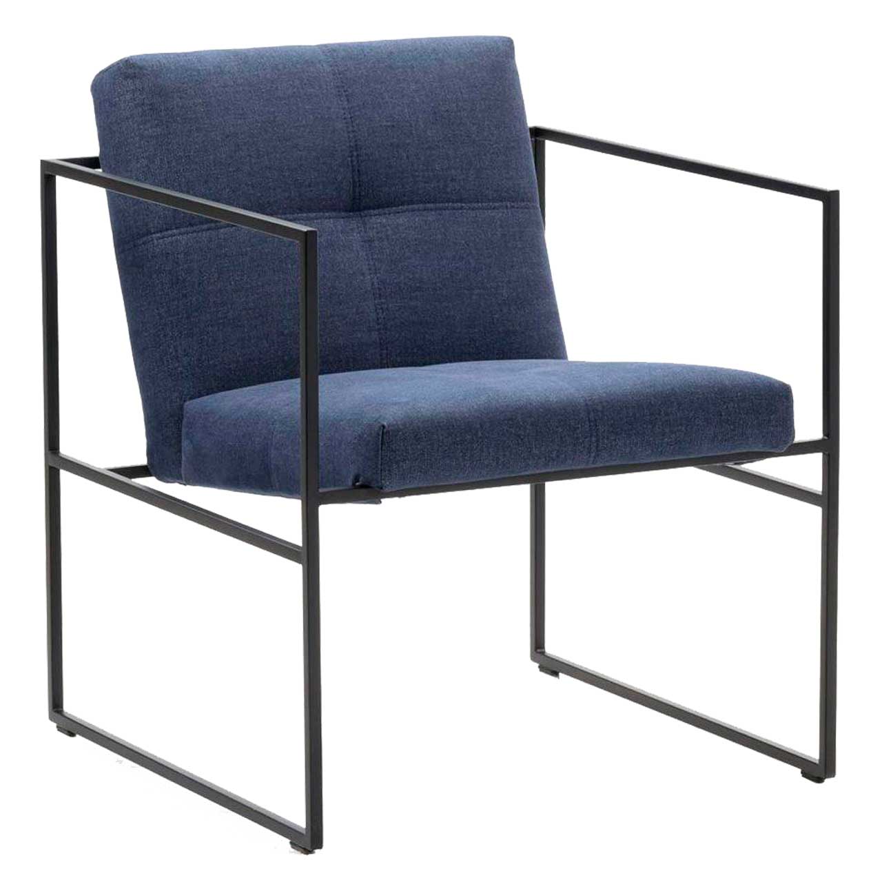 brühl grace metal 68004 Filigraner Sessel mit blauem Stoff bezogen. Das Untergestell ist aus schwarzem Metall.