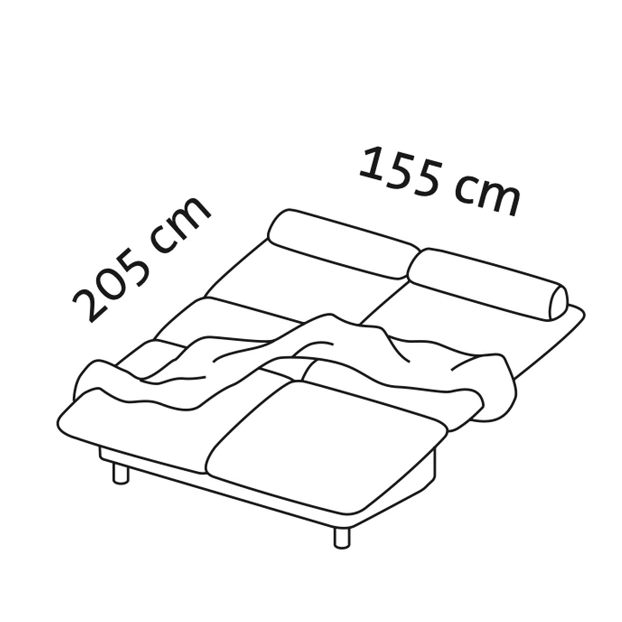 Maßzeichnung brühl quint Schlafsofa abziehbar 31617. Maßzeichnung für das ausgeklappte Sofabett quint 31617.
