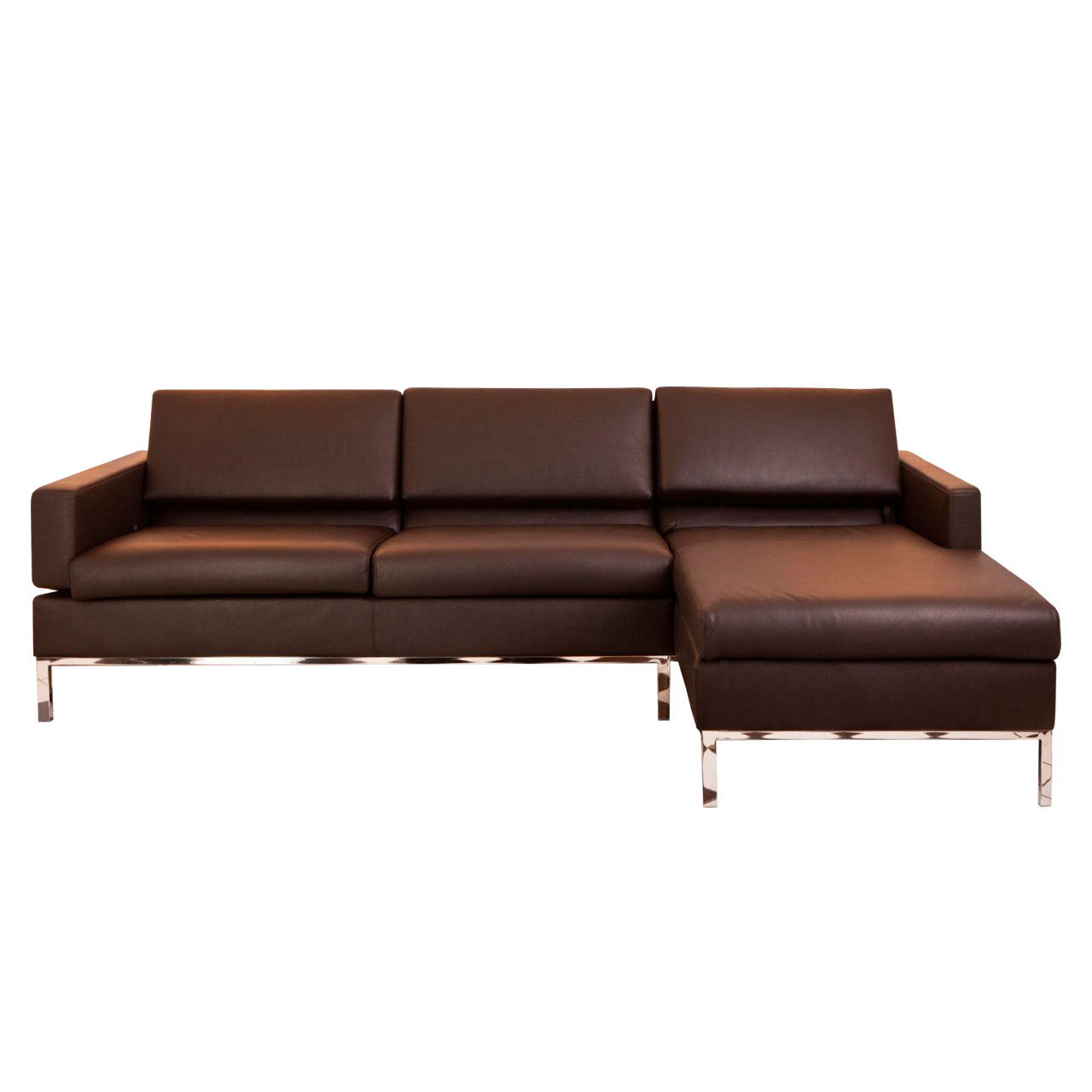 brühl tomo - Eckgruppe  Dunkelbraune Ledergarnitur mit Longchair rechts und Anstellsofa links.