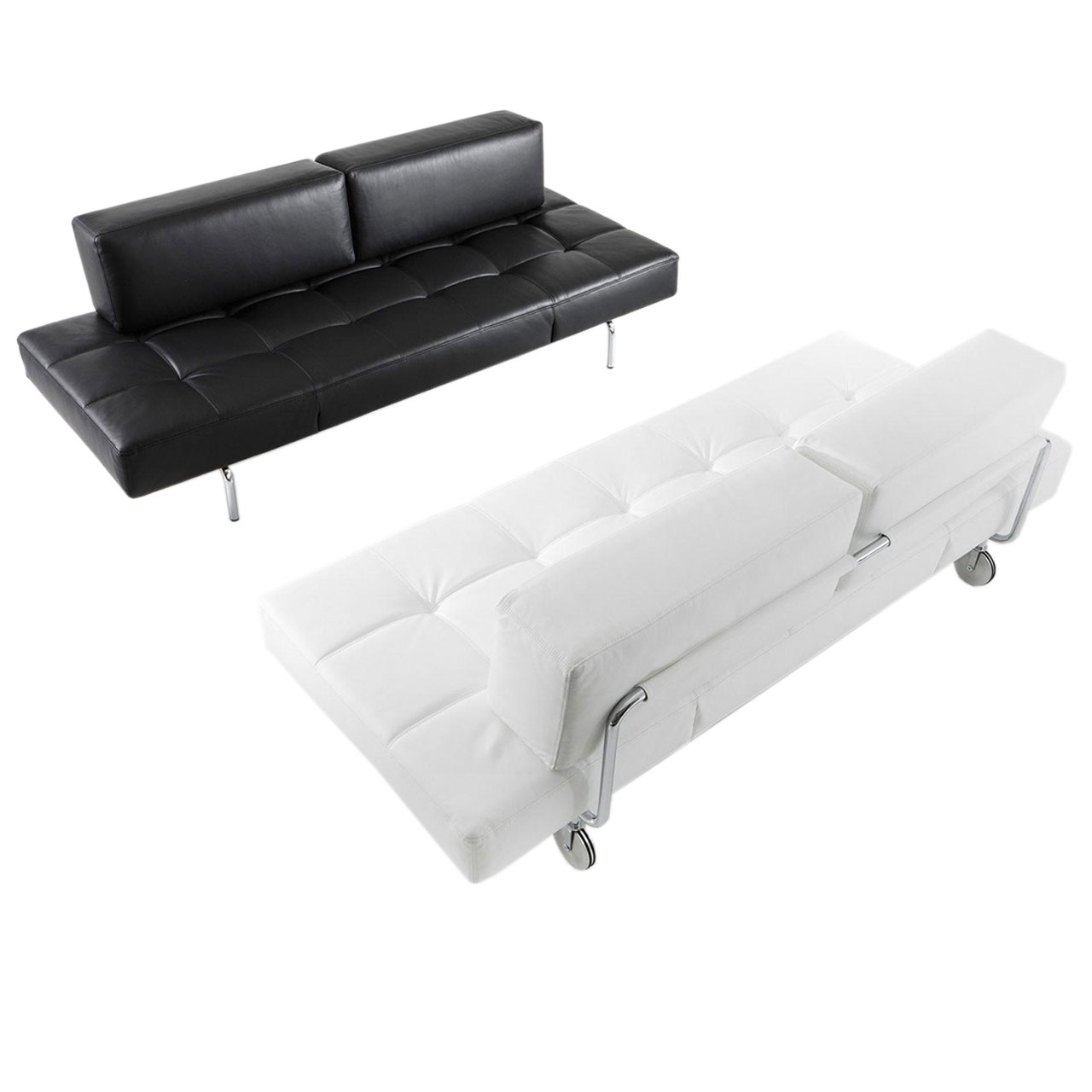 brühl jerry Bettsofa  Zwei sich gegenüber stehende Ledersofas. Das hintere Sofa ist schwarz, das vordere weiß. Die Sitzflächen sind kariert gesteppt. Die Rückenlehnen sind kürzer als die Sitzfläche und bestehen aus zwei rechteckigen Kissen.