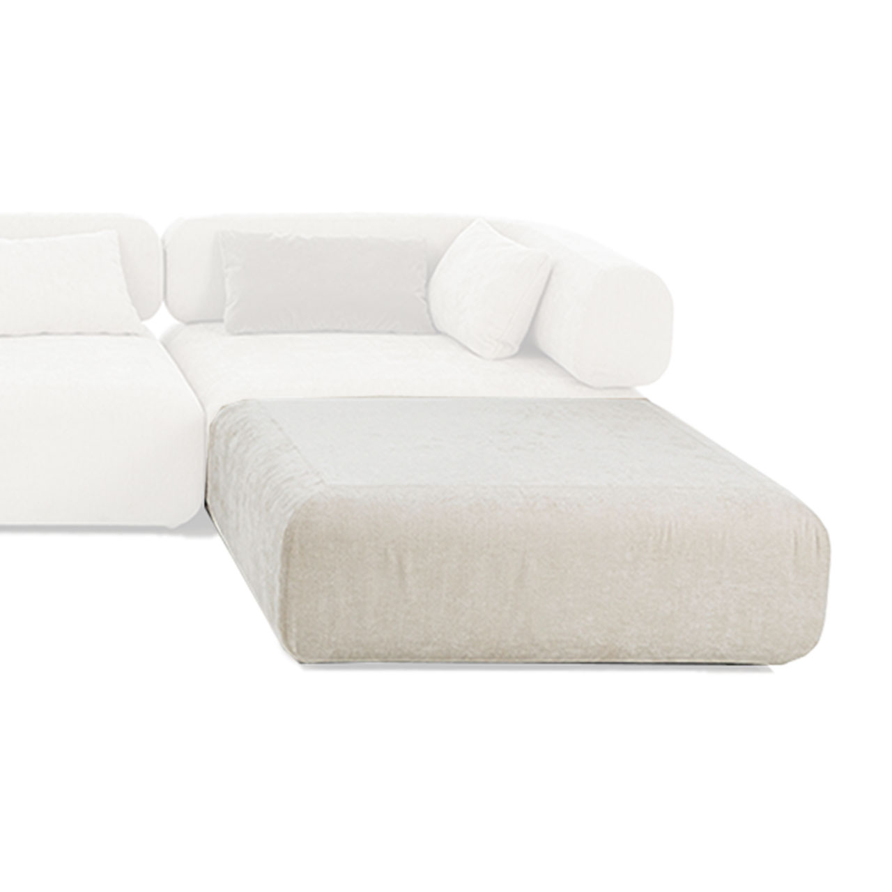 Hocker all together 73661 Der Bildausschnitt zeigt einen beigen quadratischen Hocker, der an eine mehrteilige Sitzgarnitur angestellt wurde.