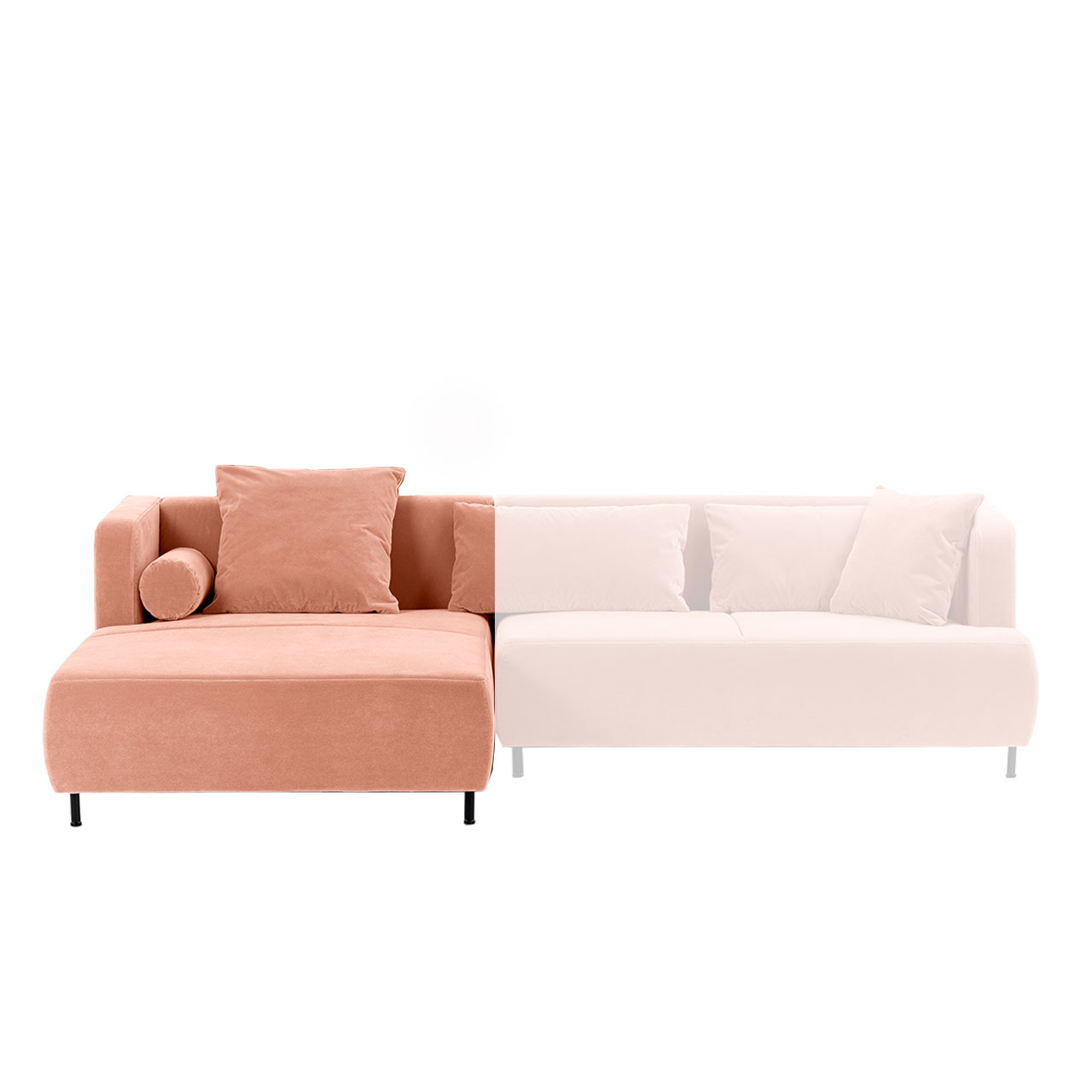 brühl aoyama 75030 Longchair mit einem quadratischen Kissen und einer Kissenrolle in einem pfirsischfarbenen Stoff.