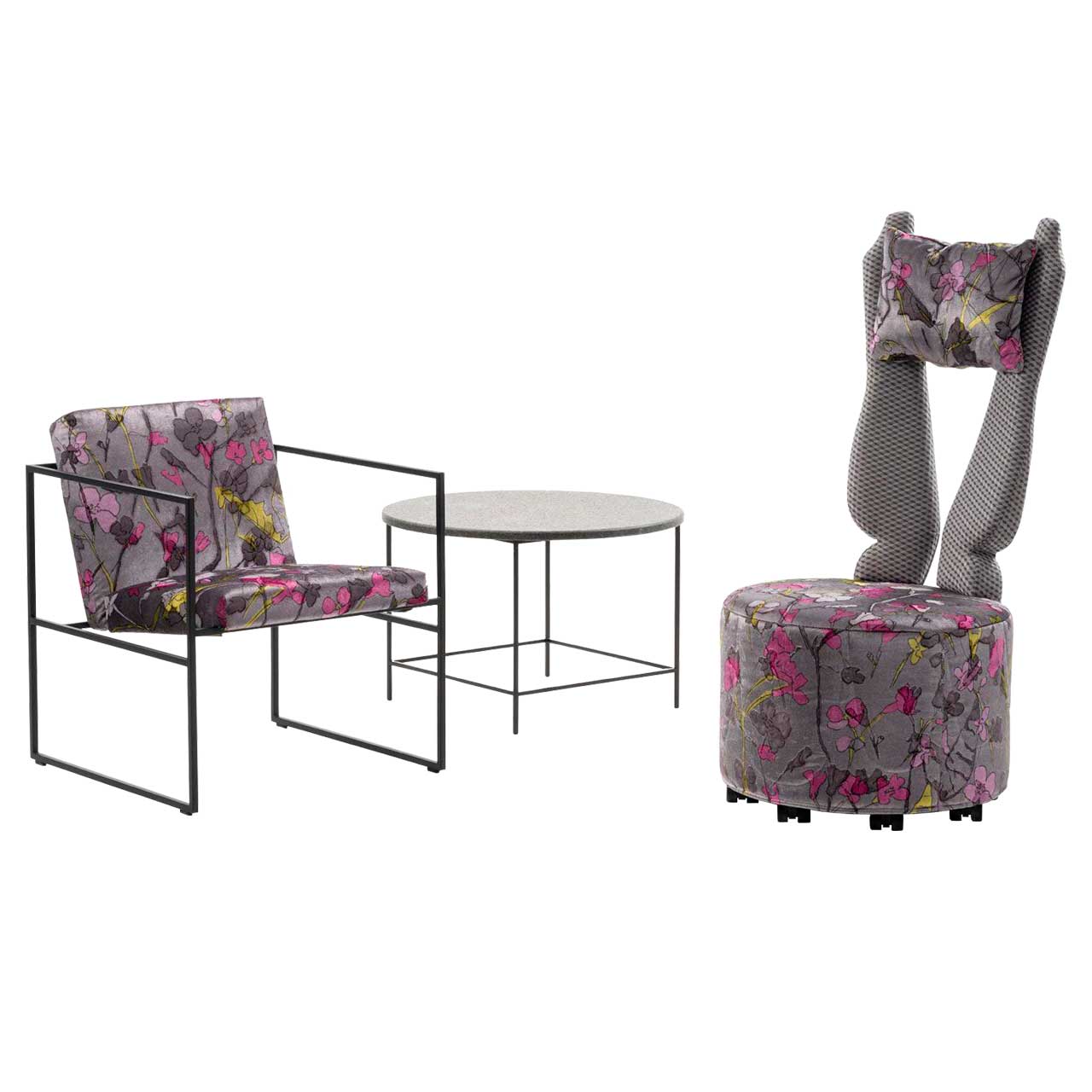 brühl grace metal 68004 Filigraner Sessel mit gemustertem Stoff und Untergestell in Metall schwarz. Rechts daneben steht ein Highbackchair.