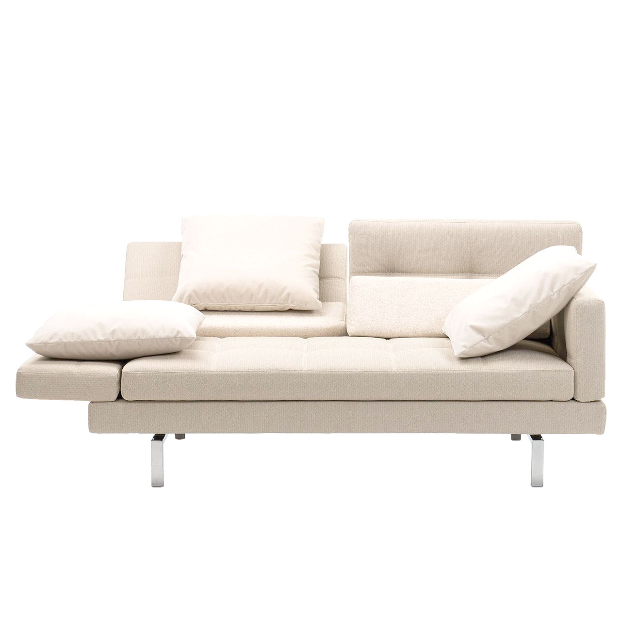 brühl amber Sofa 2-Sitzer Weißes Ledersofa. Die linke Armlehne ist abgesenkt.