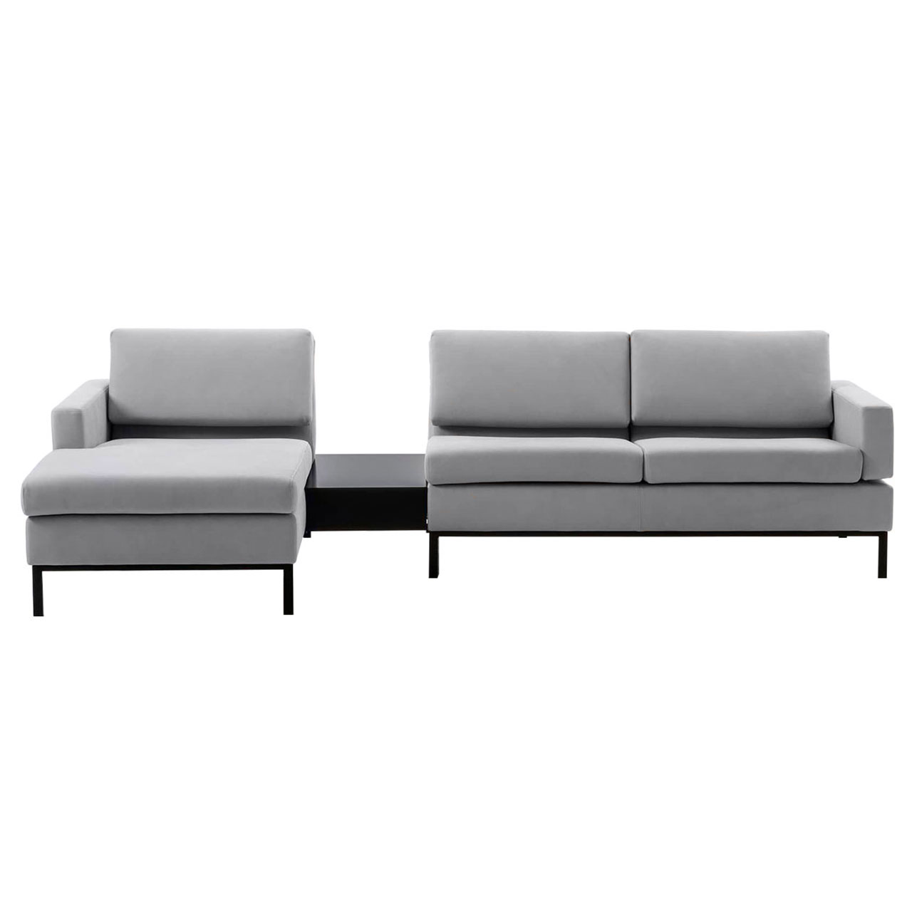 brühl tomo - Eckgruppe Garnitur in grauem Leder mit Longchair links und einem Einhängetisch zwischen Longchair und Anstellsofa.