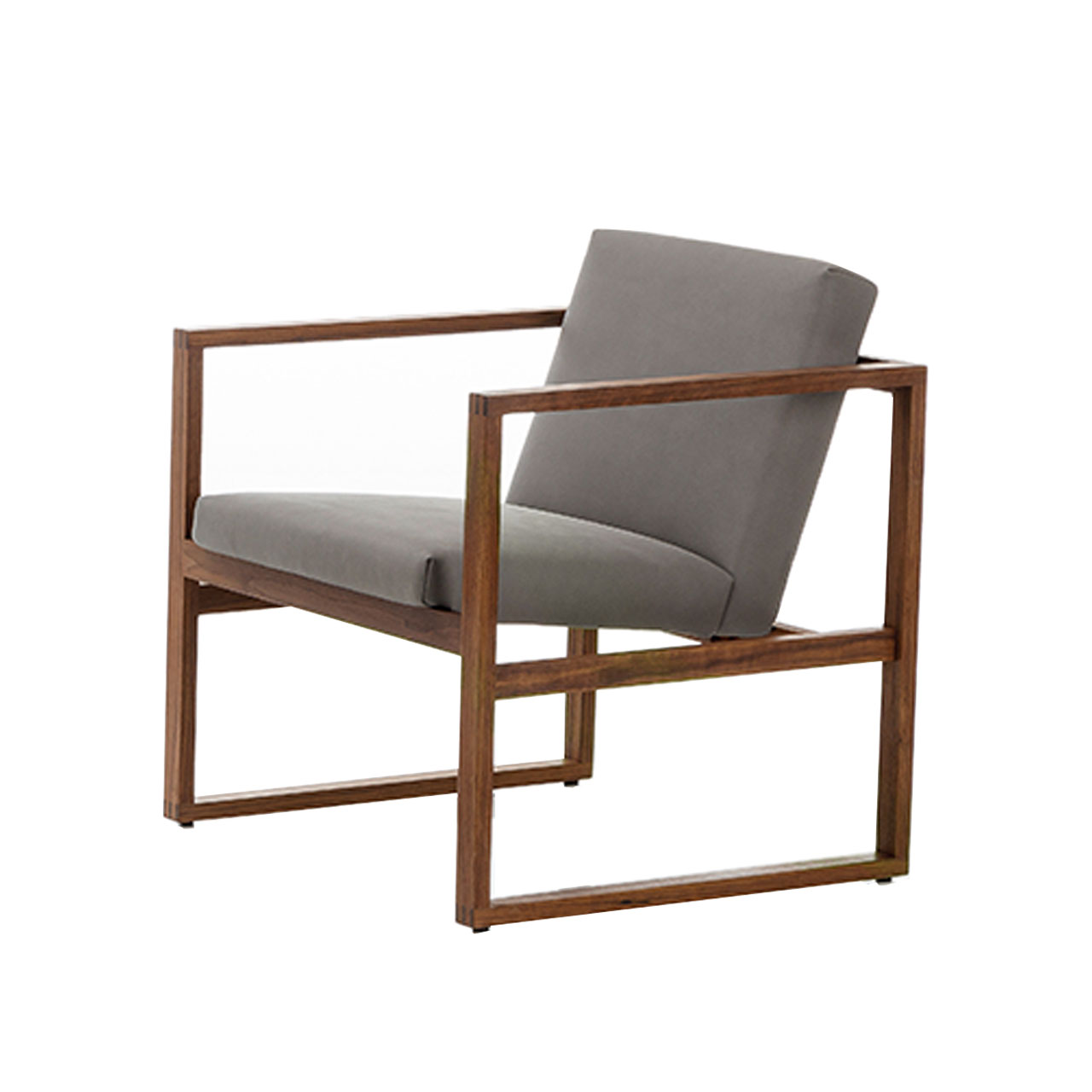 brühl grace wood 68104 Sessel mit einem dunkelgrauen Stoffbezug. Das Untergestell ist aus dunklem Holz.