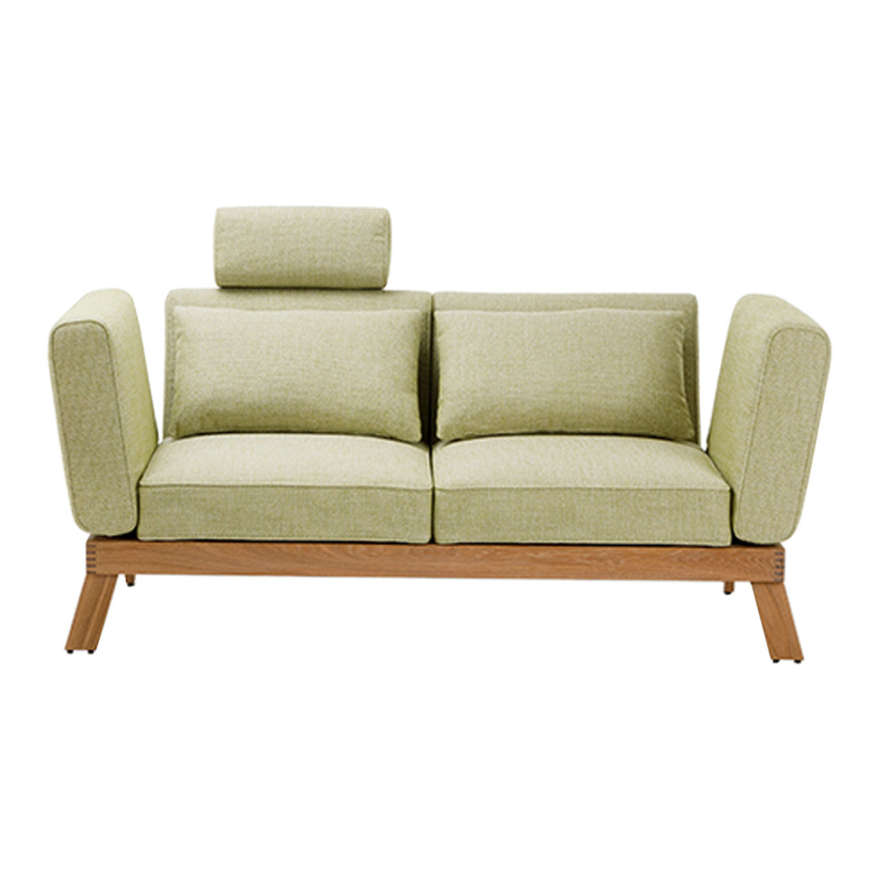 brühl lofoten lounge - Sofa-2,5 73409 Sofa der Serie brühl lofoten Lounge mit Drehsitzen. Die Polster sind mit einem hellgrünen Stoff bezogen, das Untergestell ist in Eiche hell.