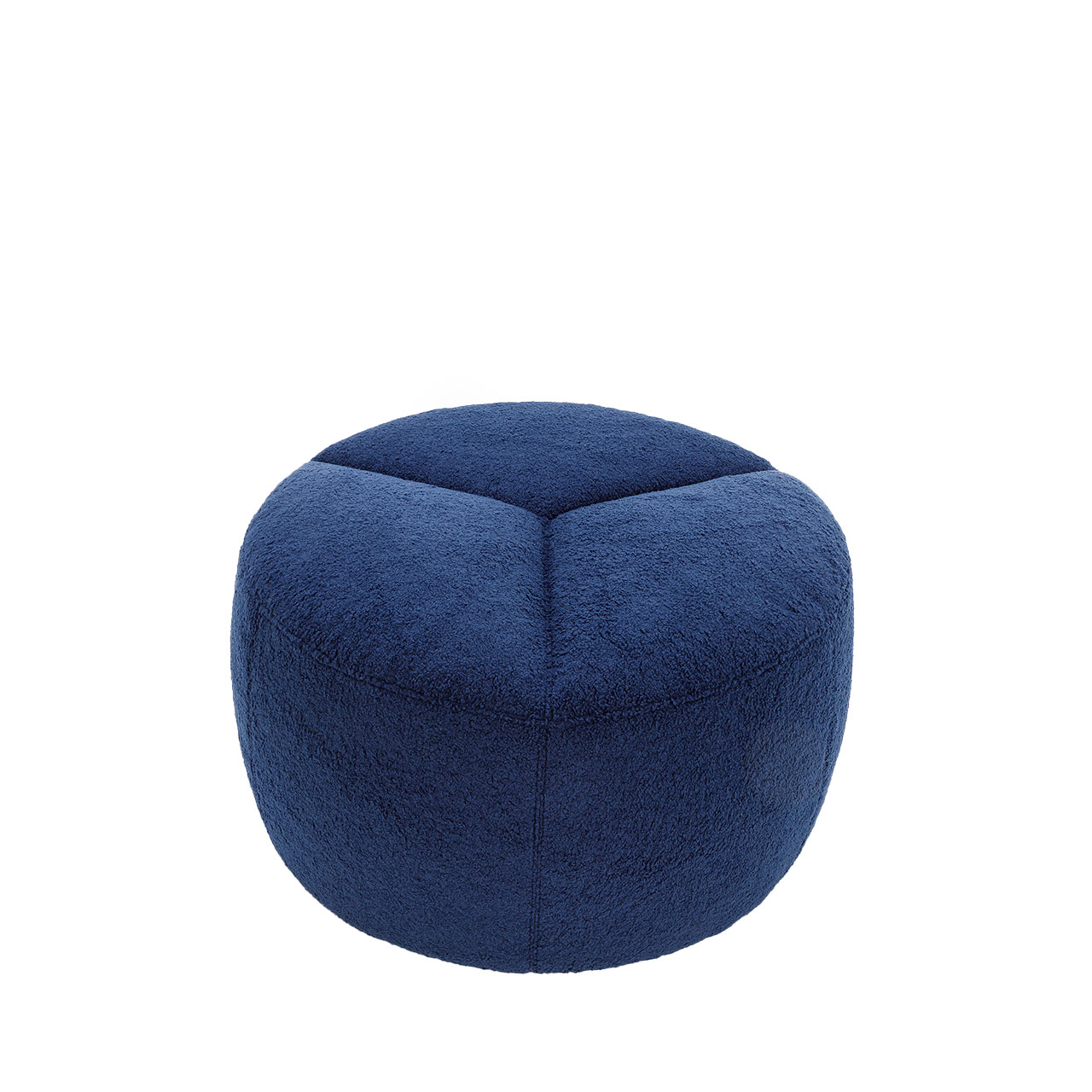 brühl azur Hocker 76660 Rund Hocker in dunkelblauem Stoff. Die Sitzfläche ist flach und durch Nähte in drei gleiche Tortenstücke unterteilt.