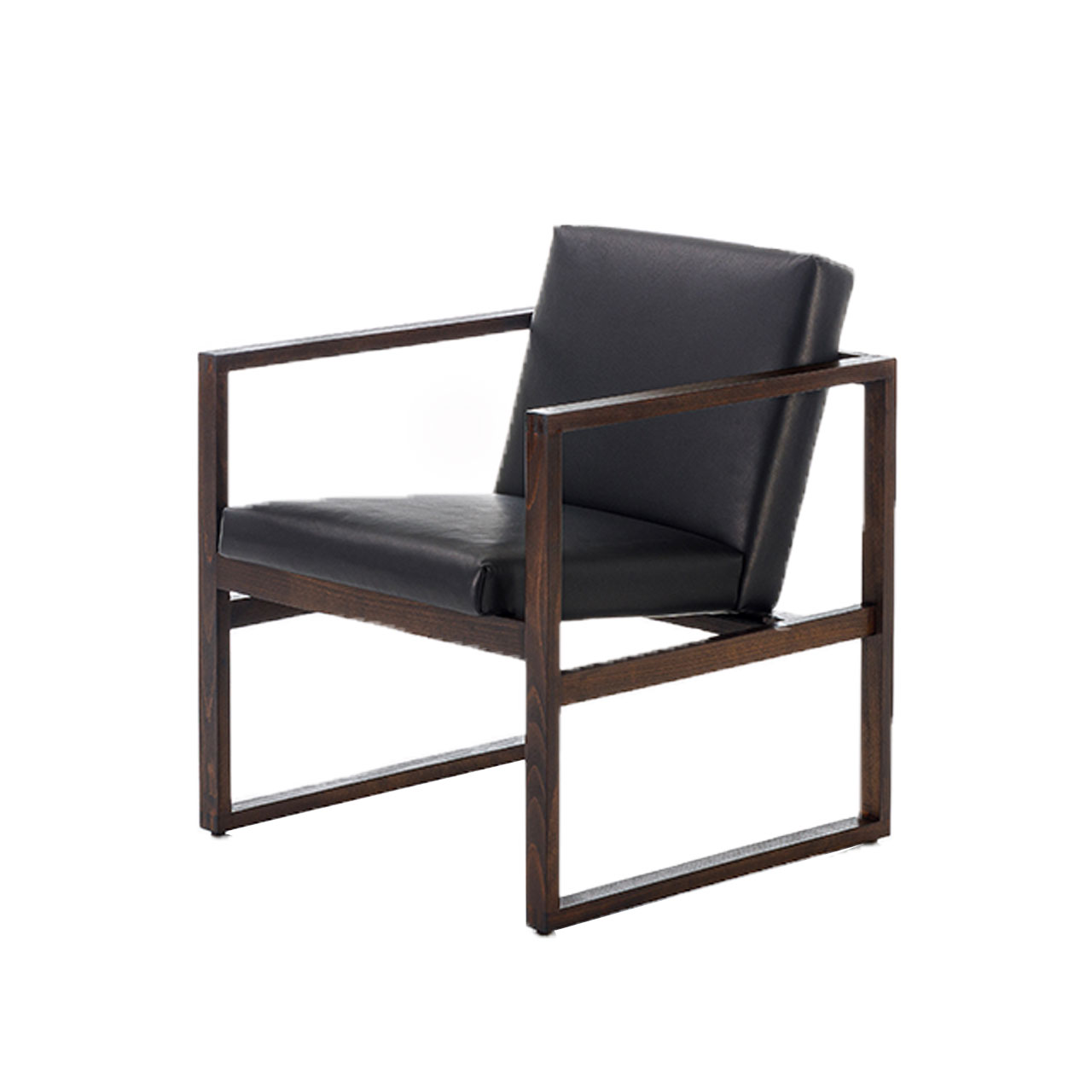 brühl grace wood 68104 Sessel mit schwarzem Lederbezug. Das Untergestell ist aus dunklem Holz.