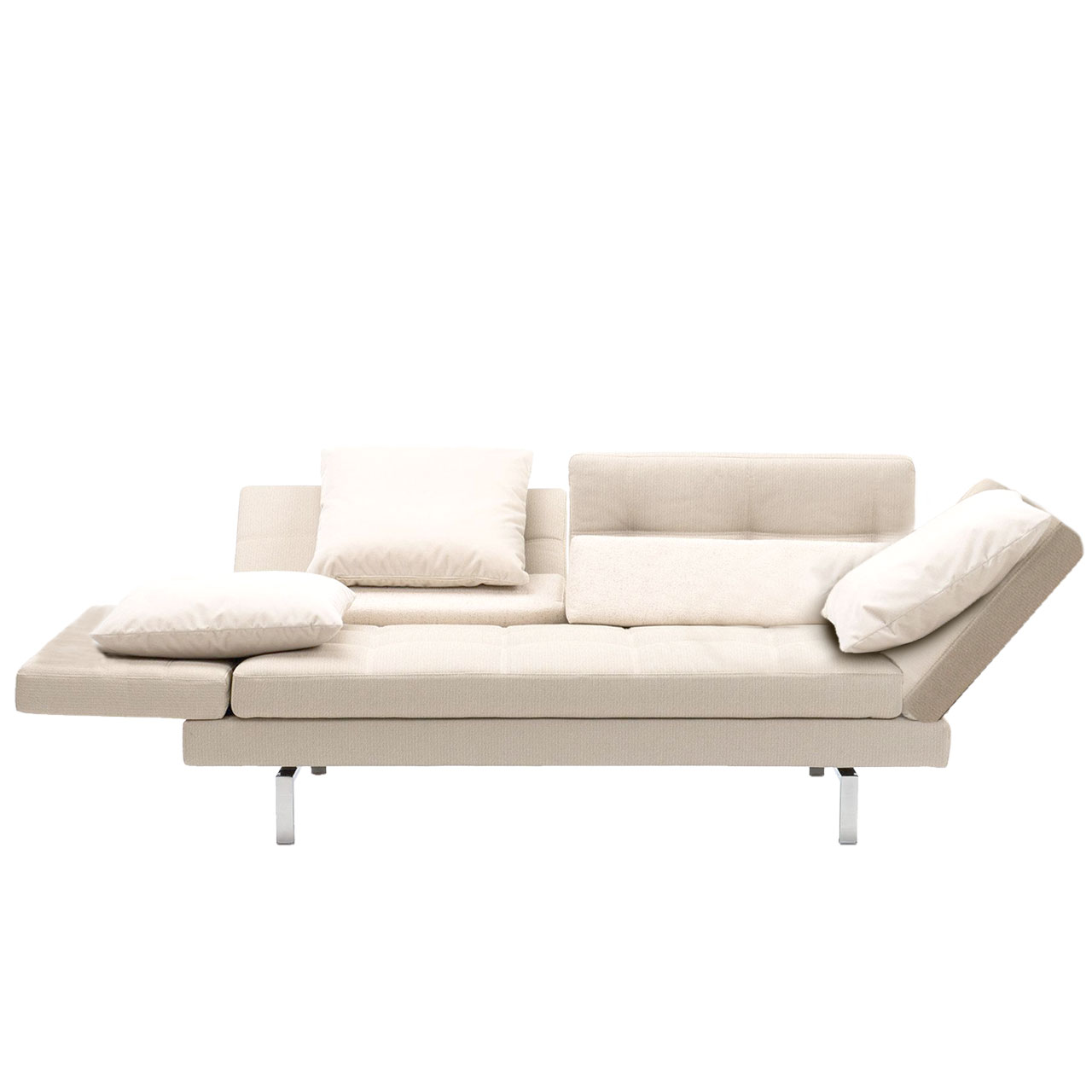 brühl amber Sofa 2-Sitzer Weißes Ledersofa. Die linke Armlehne ist abgesenkt.