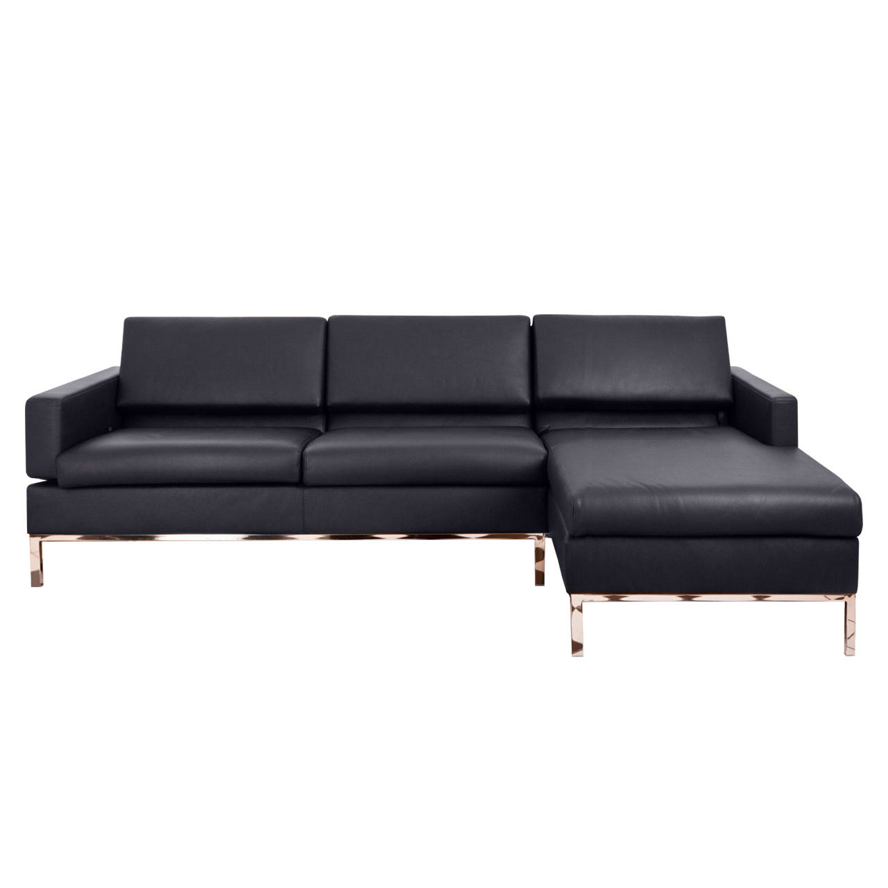 brühl tomo - Eckgruppe Schwarze Ledergarnitur mit Longchair rechts und Anstellsofa links.