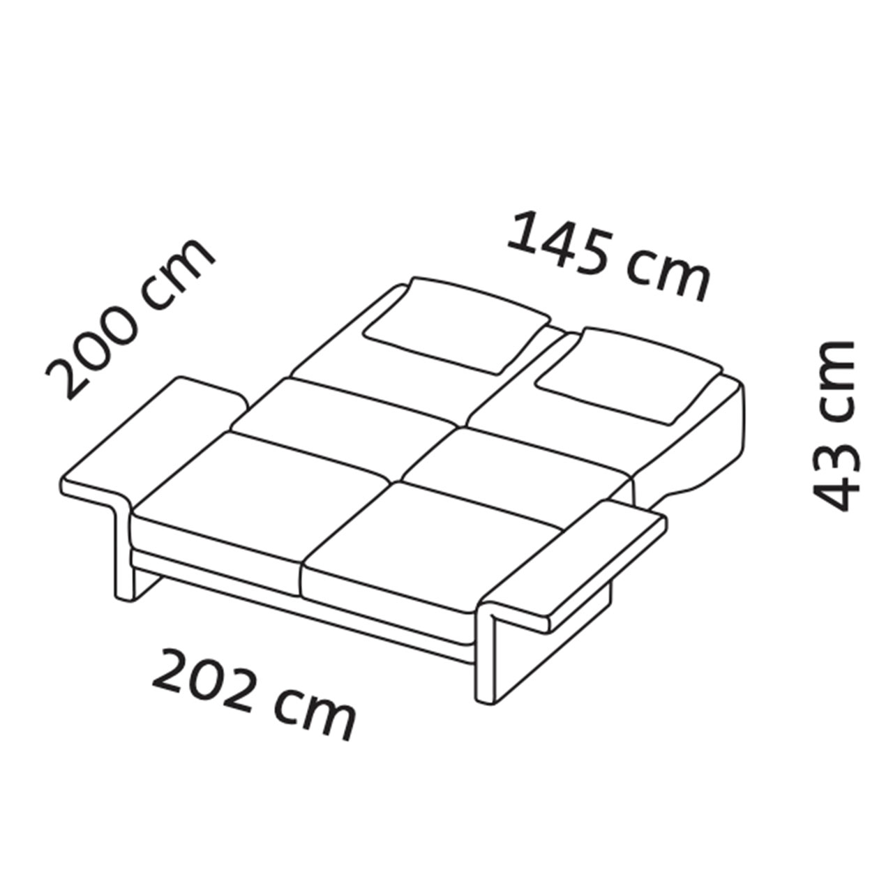 Maßzeichnung brühl cara Bettsofa 48415, ausgeklappt. Maßzeichnung für das ausgeklappte Gästebett cara 48415.