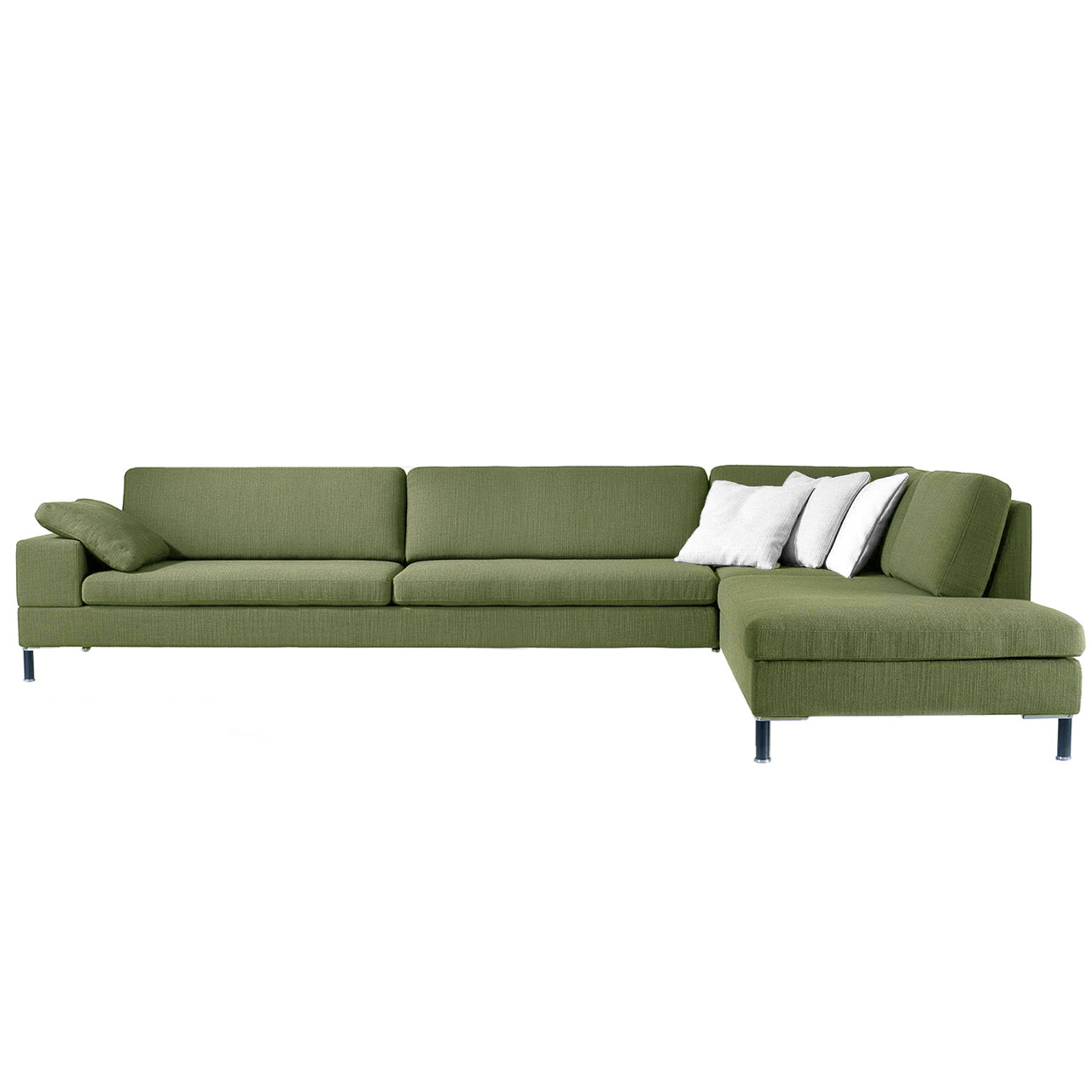 Grüne Eckgarnitur mit Openend rechts und Eckanbausofa links.